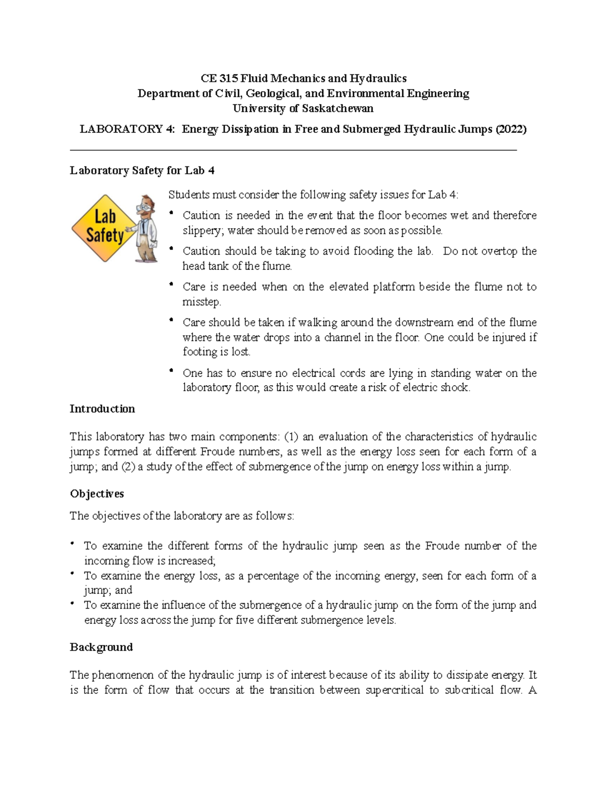 Lab 4 2022 Lab 4 CE 315 Fluid Mechanics and Hydraulics Department