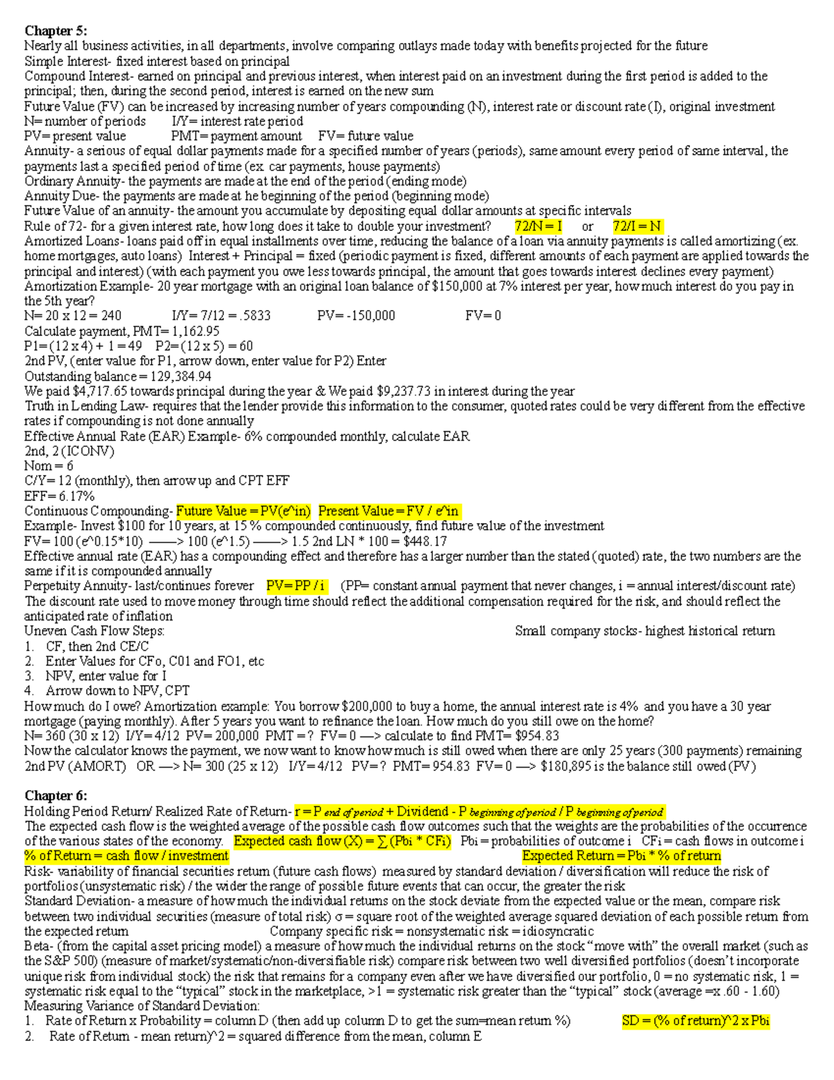 FINA 3770 Exam 2 Cheat Sheet - Chapter 5: Nearly All Business ...