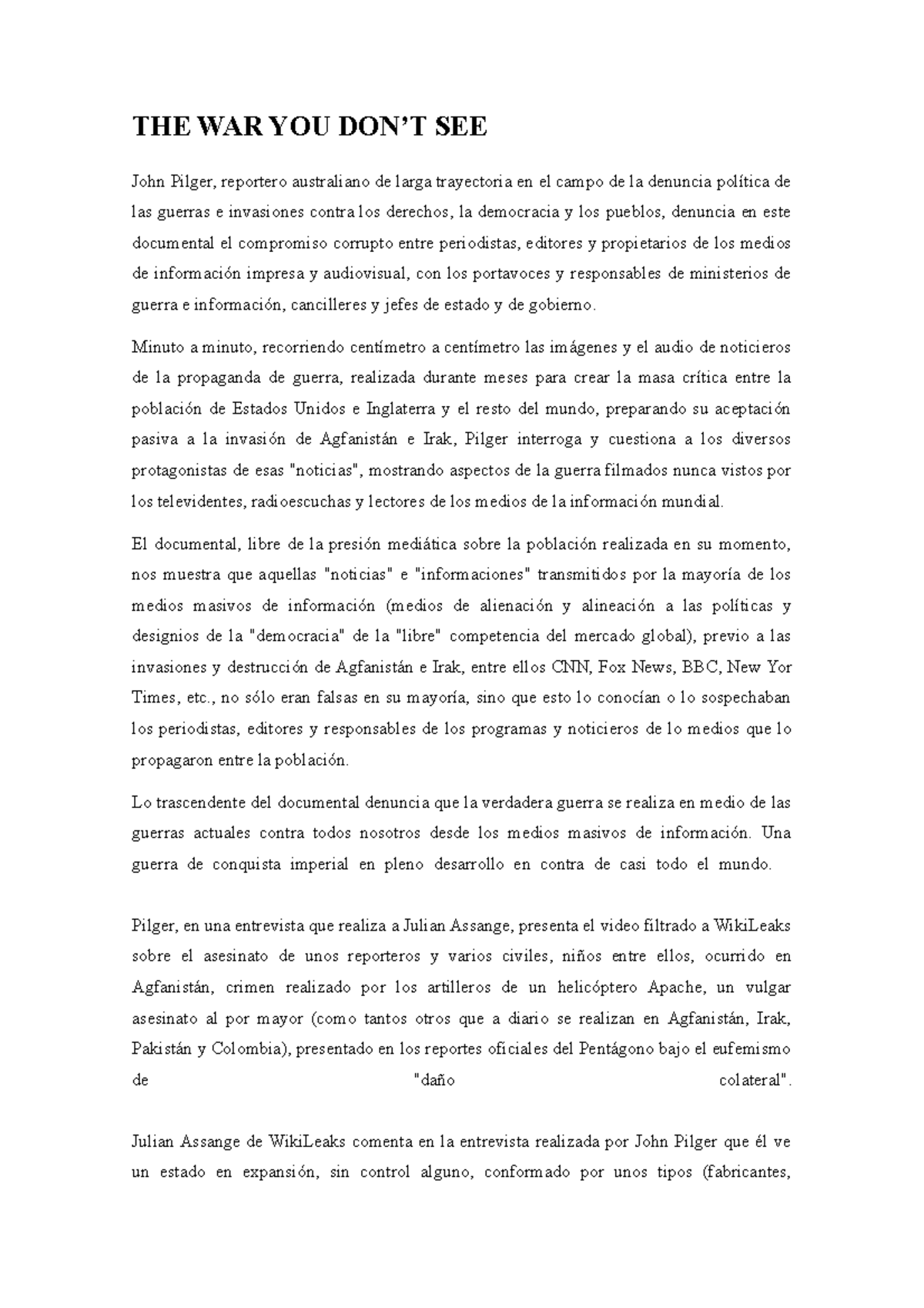 THE WAR YOU DON't see reseña THE WAR YOU DON’T SEE John Pilger