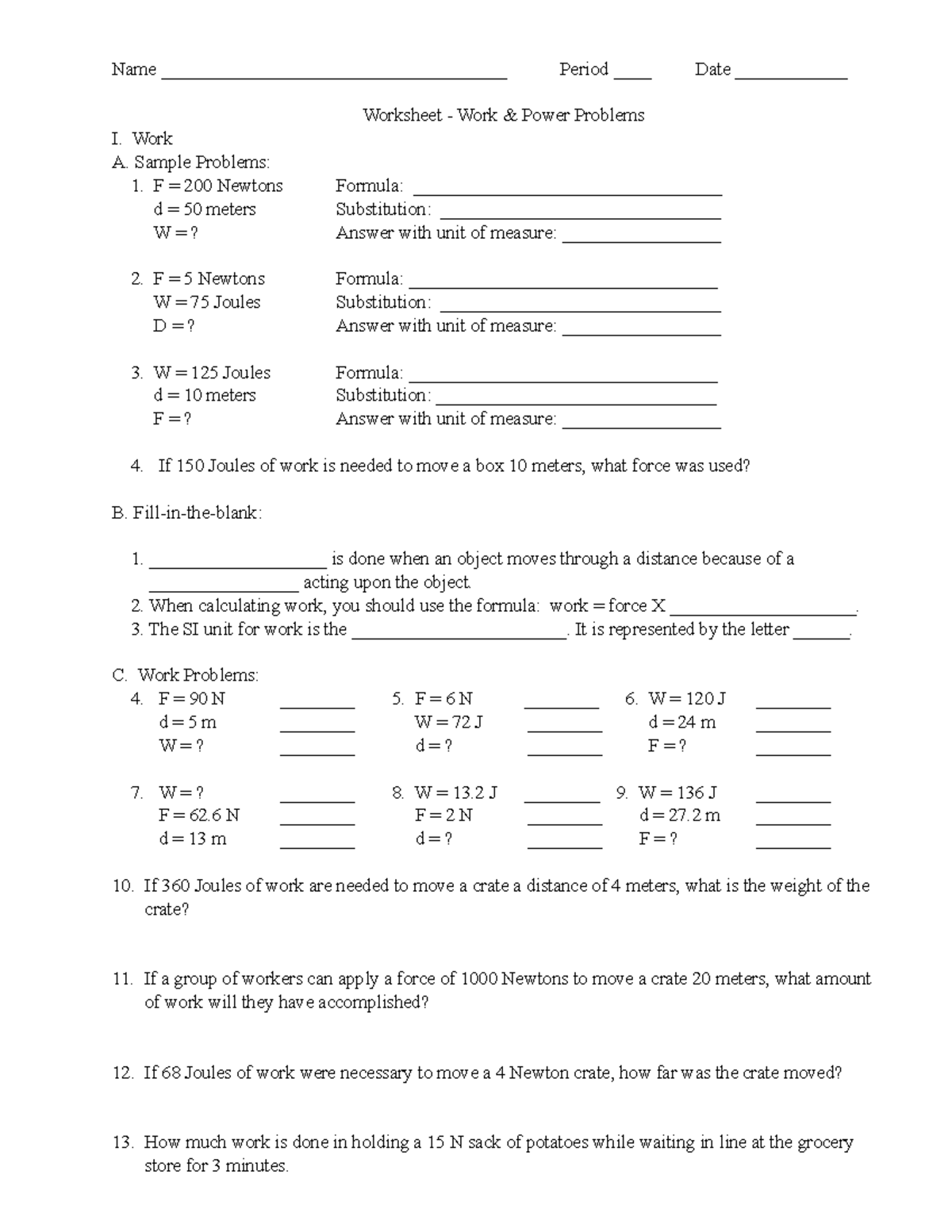 Work and Power Worksheet (6) - Name ...