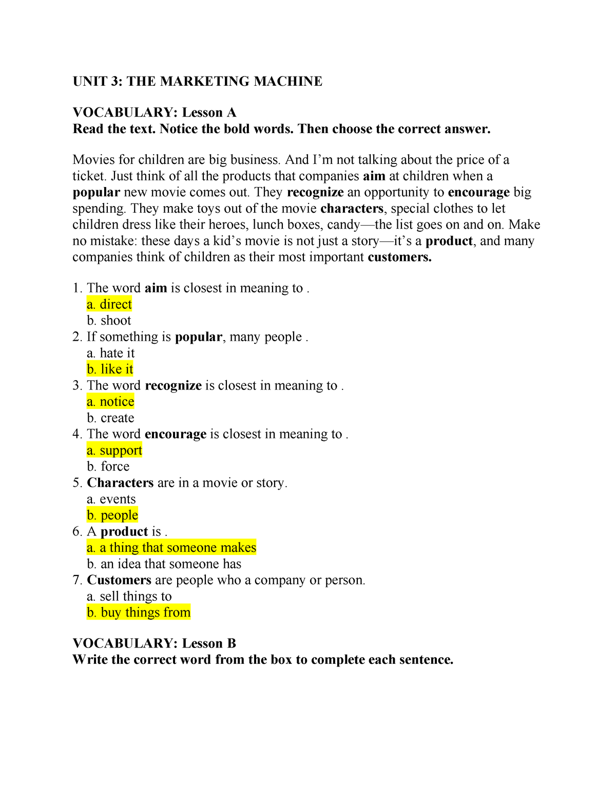 Pathways Practice Answer - Unit 3: The Marketing Machine Vocabulary 