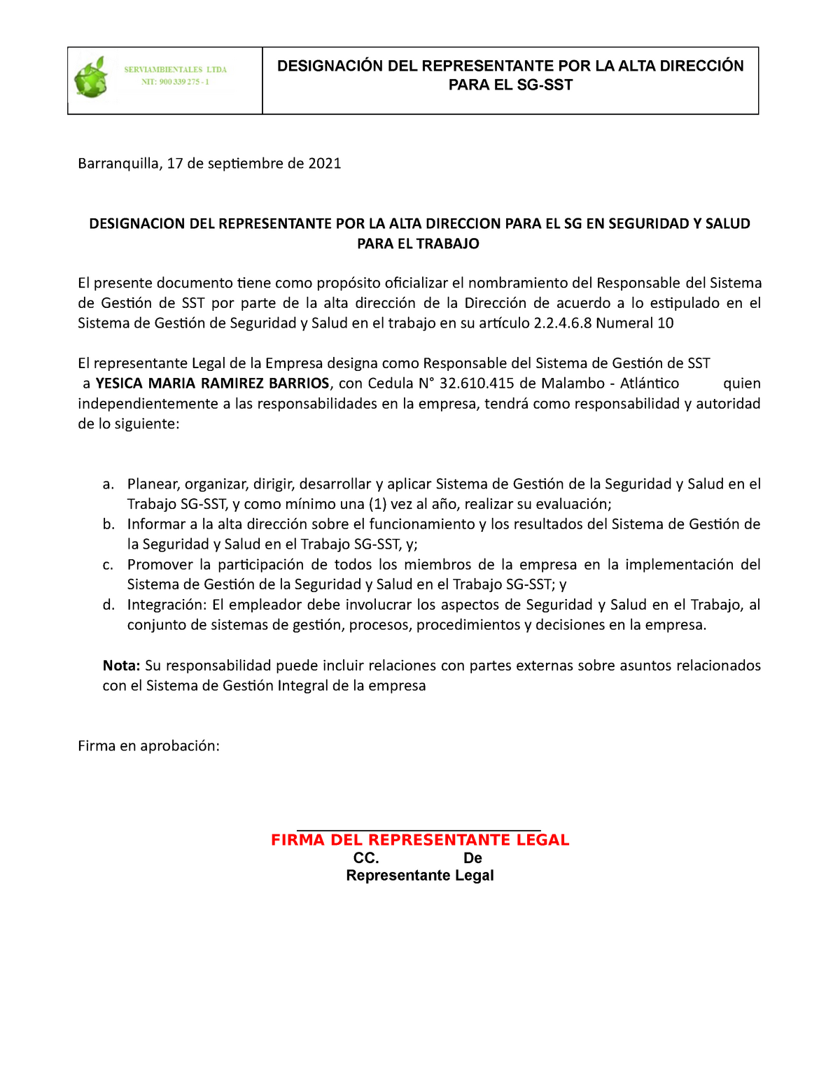 Asignación Del Representante Por La Alta Direccion Ok DesignaciÓn