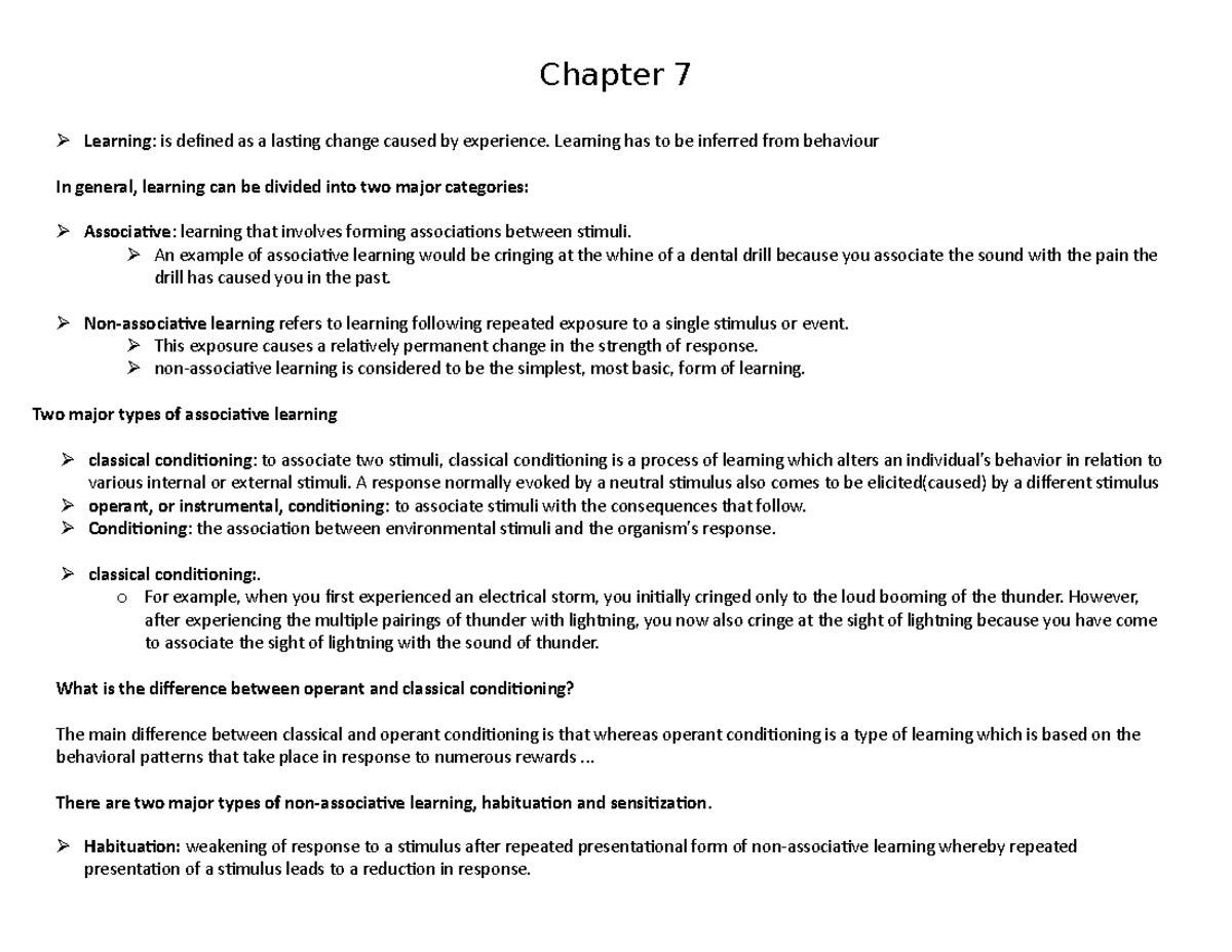 Chapter 7 - Notes - Chapter 7 Learning: Is Defined As A Lasting Change ...