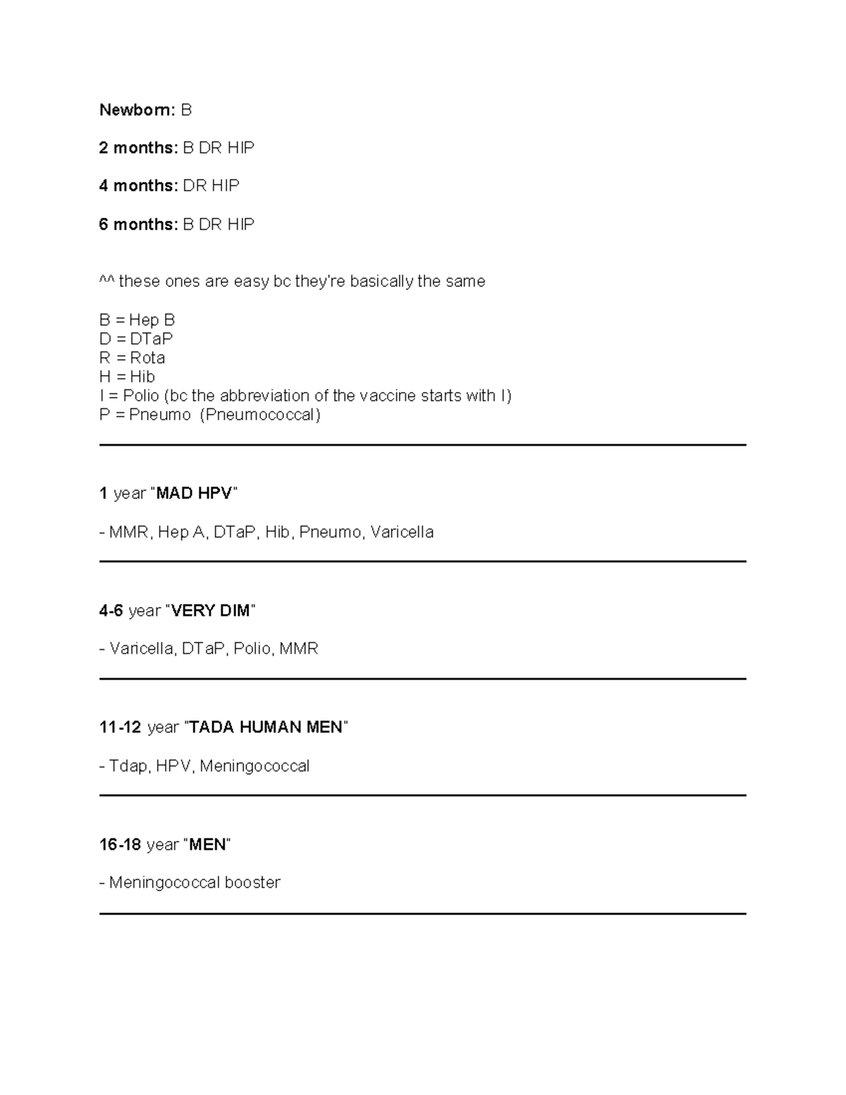 Vaccines study NURS 3600 Newborn B 2 months B DR HIP 4 months DR