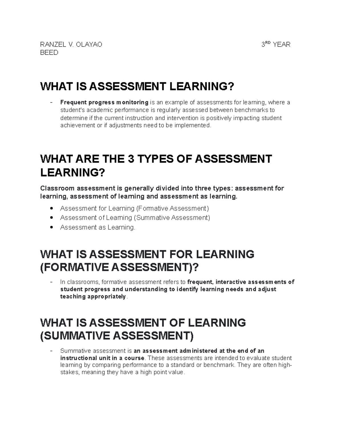 Assessment learning - try - RANZEL V. OLAYAO 3 RD YEAR BEED WHAT IS ...