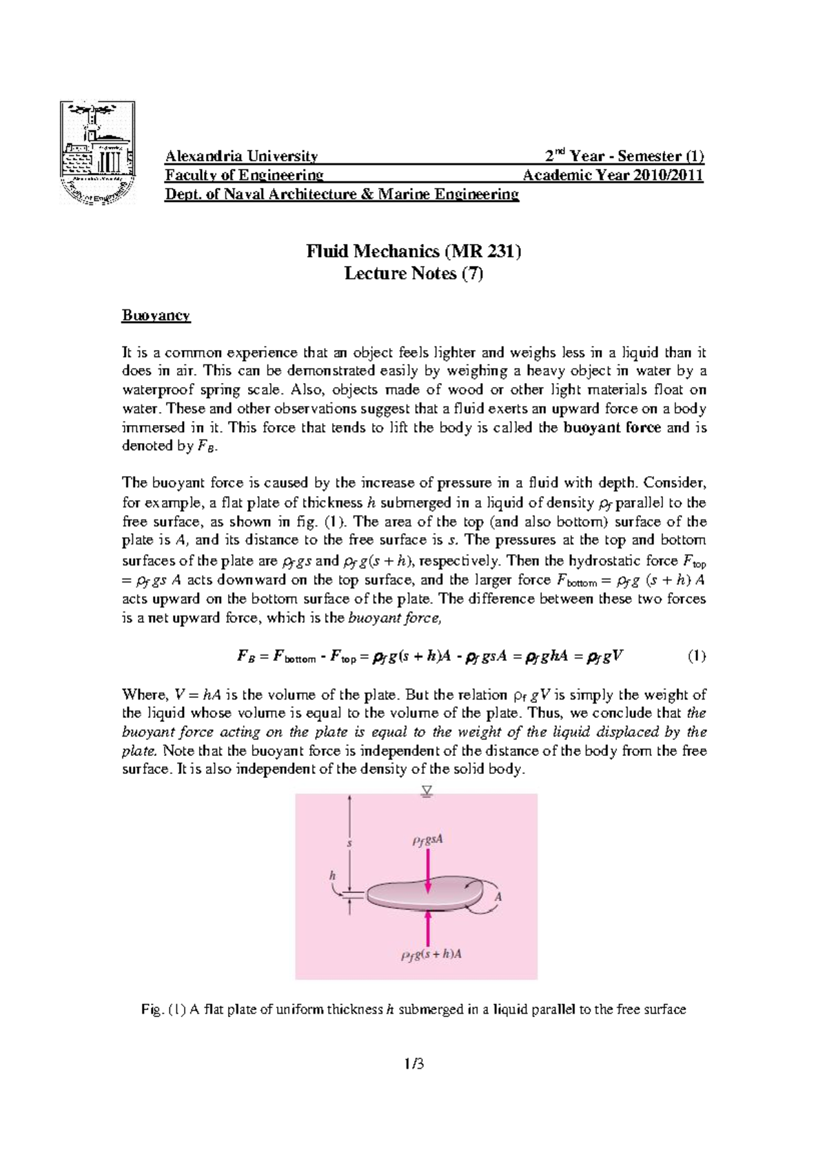 Fluid Mechanics - Alexandria University 2nd Year - Semester (1) Faculty ...