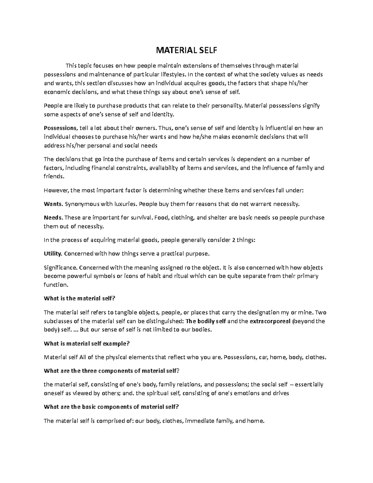 Scribd - others - MATERIAL SELF This topic focuses on how people ...