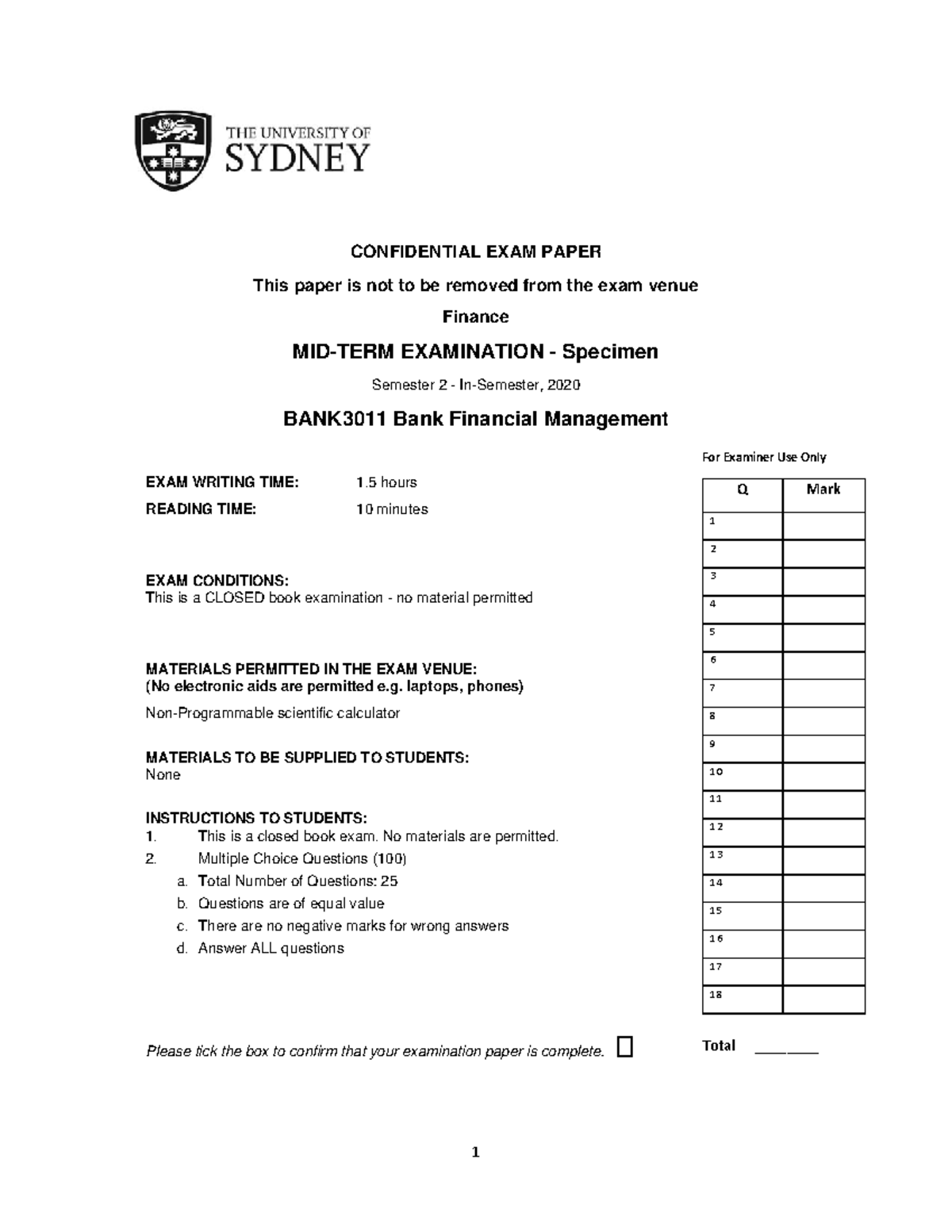 BANK3011 Practice Mid Sem Exam CONFIDENTIAL EXAM PAPER This Paper Is Not To Be Removed From 