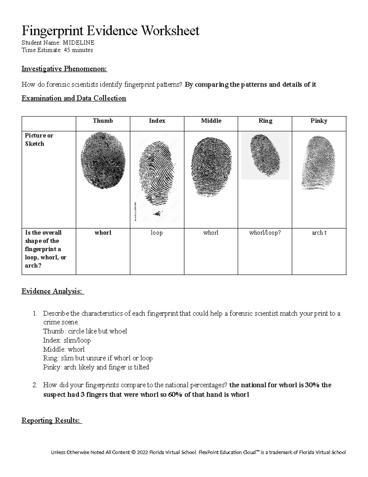 Fingerprint evidence worksheet - Fingerprint Evidence Worksheet Student ...