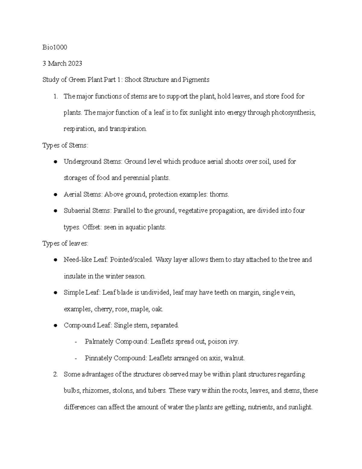Lab 5 Study of Green Plants Part 1 - Bio 3 March 2023 Study of Green ...