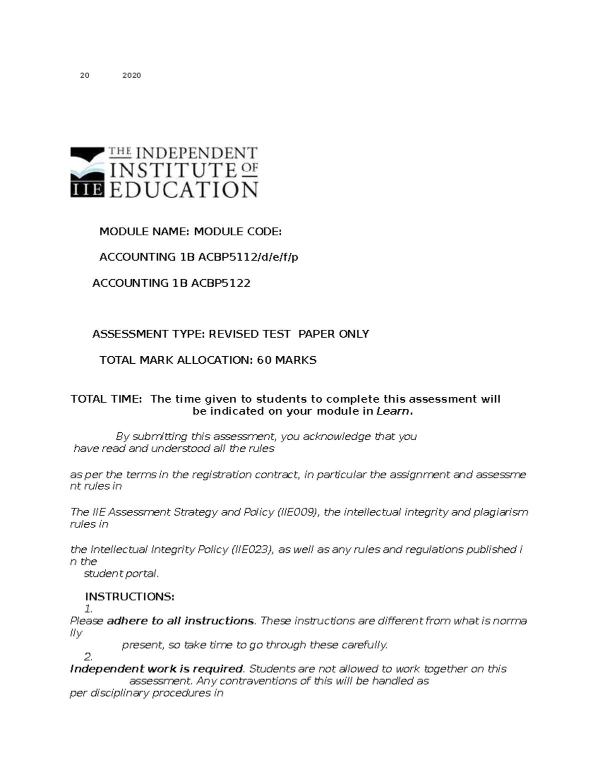 Take-Home Test 2 - Lecture notes 1 - 20 2020 MODULE NAME: MODULE CODE ...