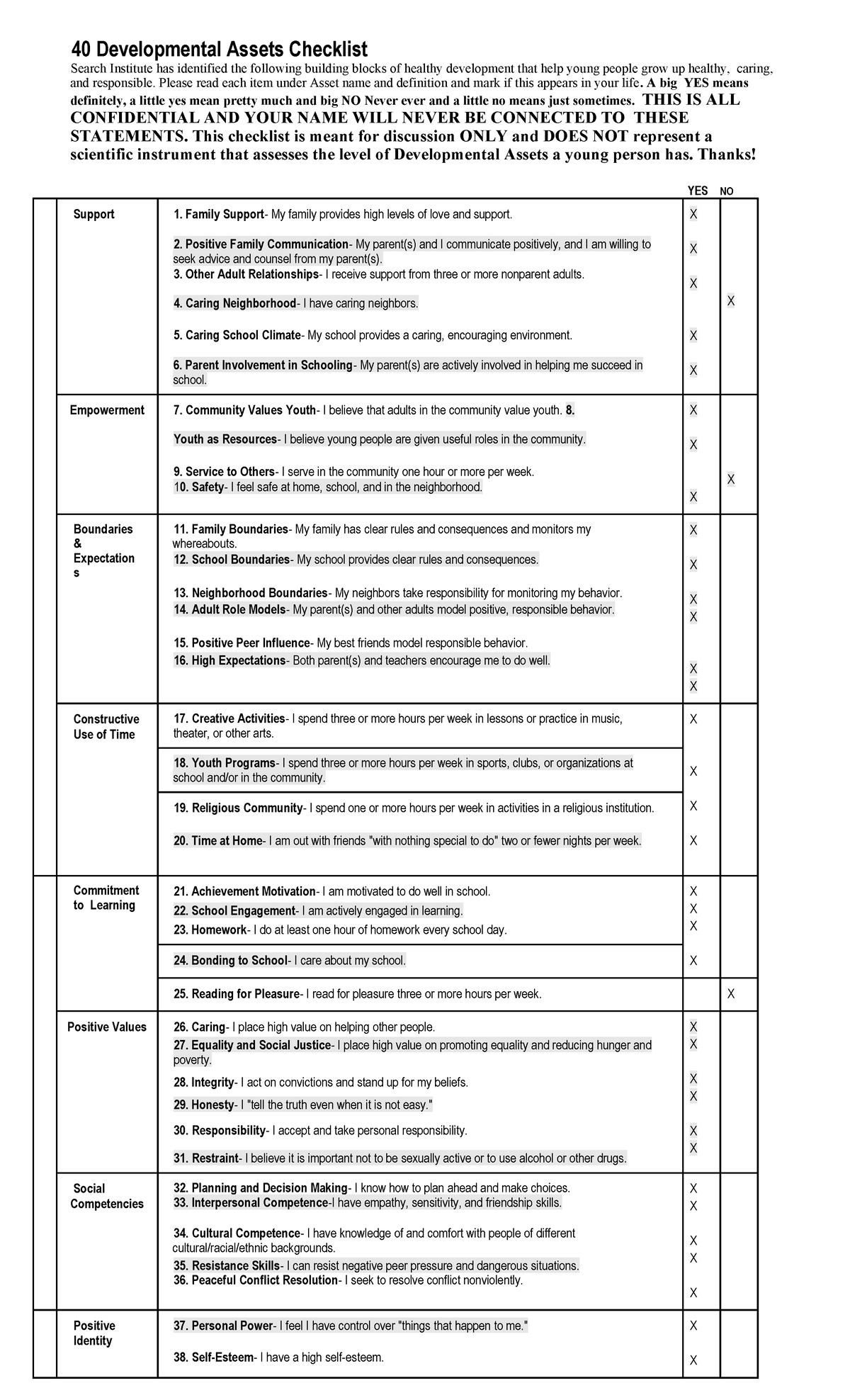 Copy of 40 Development Assets Quiz - 40 Developmental Assets Checklist ...