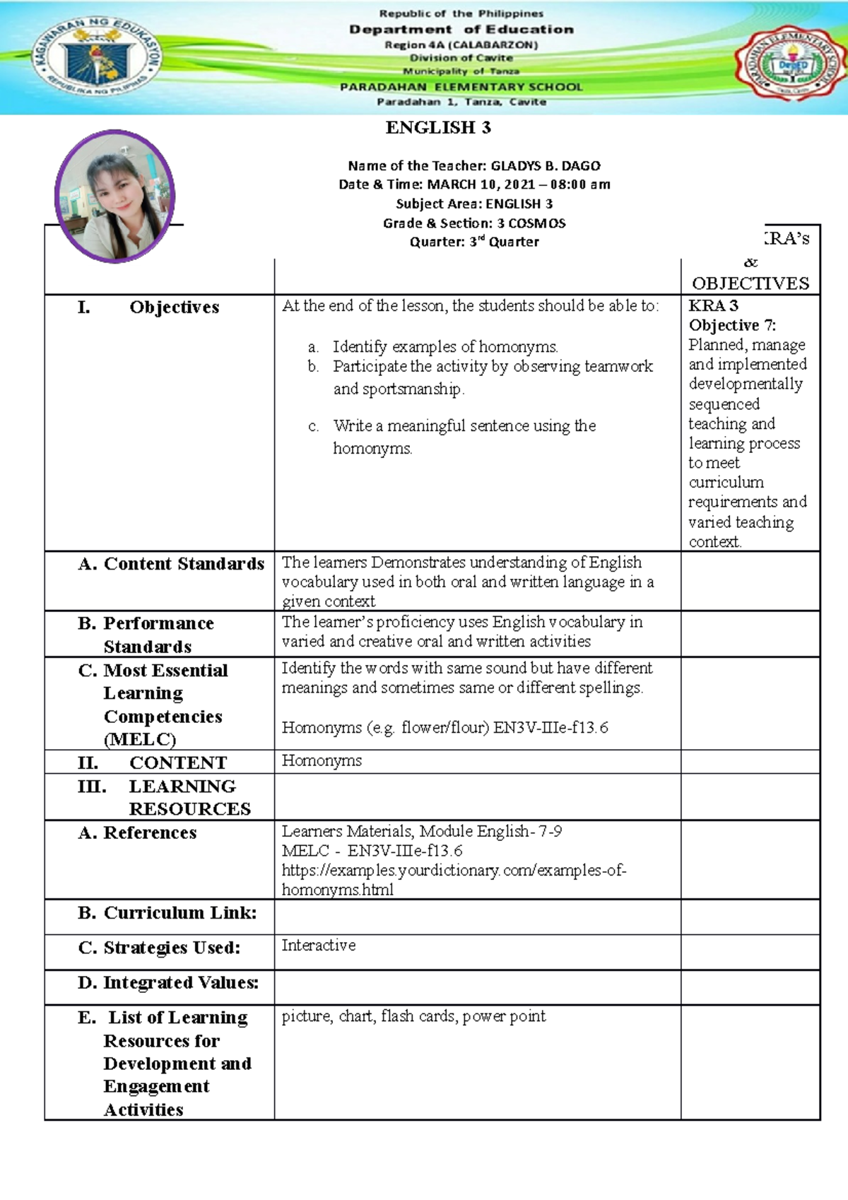 DAGO Lesson Exemplar DEMO - ENGLISH 3 RPMS: KRA’s & OBJECTIVES I ...