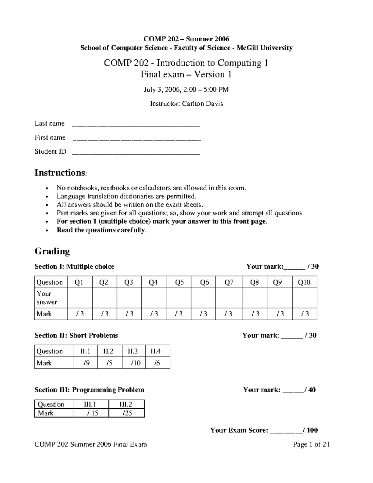 COMP 202 - Practice/Exam - COMP 202 – Summer 2006 School of Computer ...