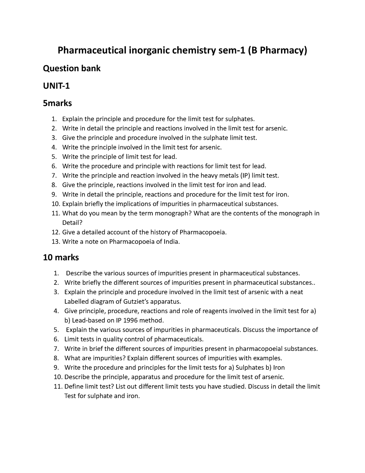 Pharmaceutical Inorganic Chemistry Qb Sem 1 B Pharm - Pharmaceutical ...