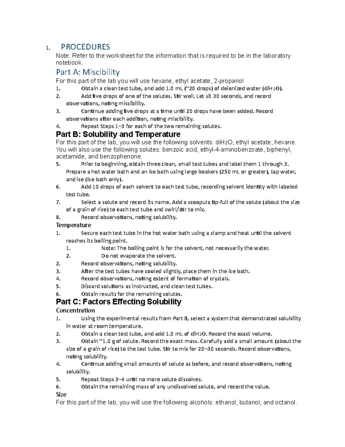 Procedures- Solubility and Miscibility (pre lab) - 1. PROCEDURES Note ...