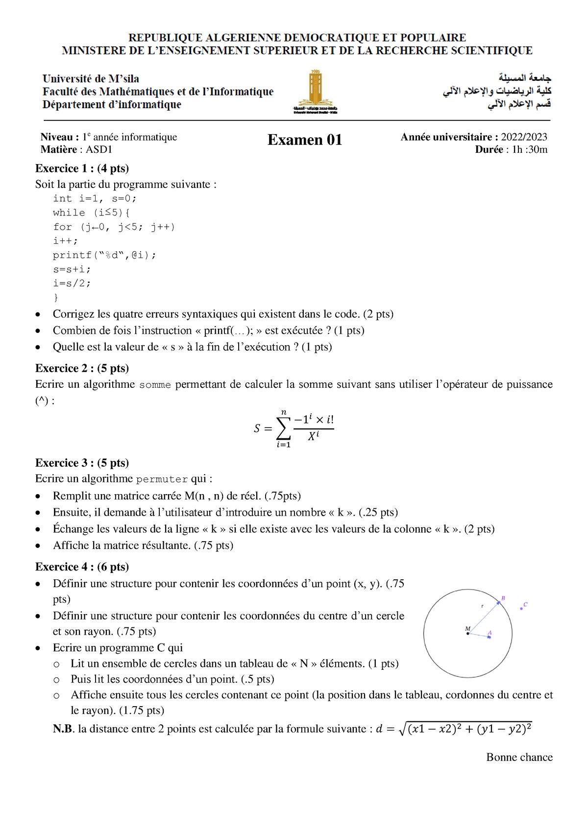 Examen 1 Algorithmique Et Structures De Données 1 - Niveau : 1 E Année ...