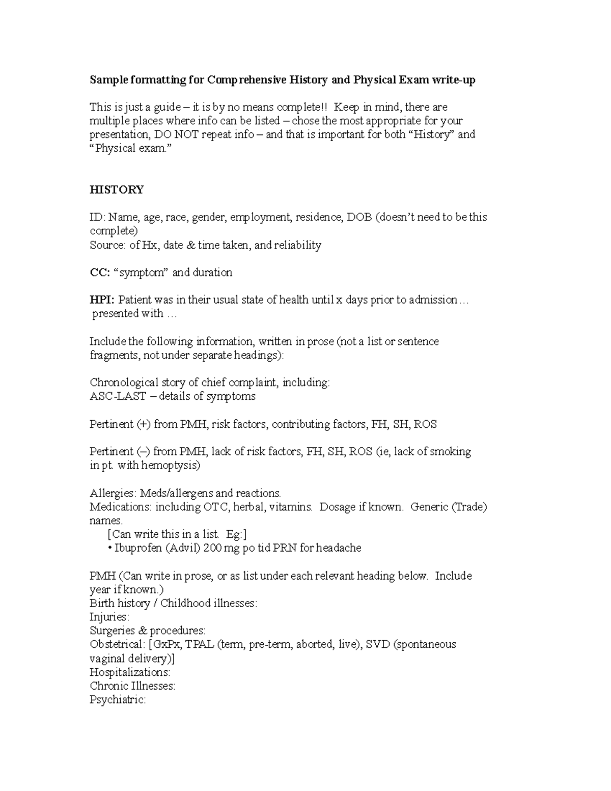 Guideline for PE write up Sample formatting for Comprehensive History