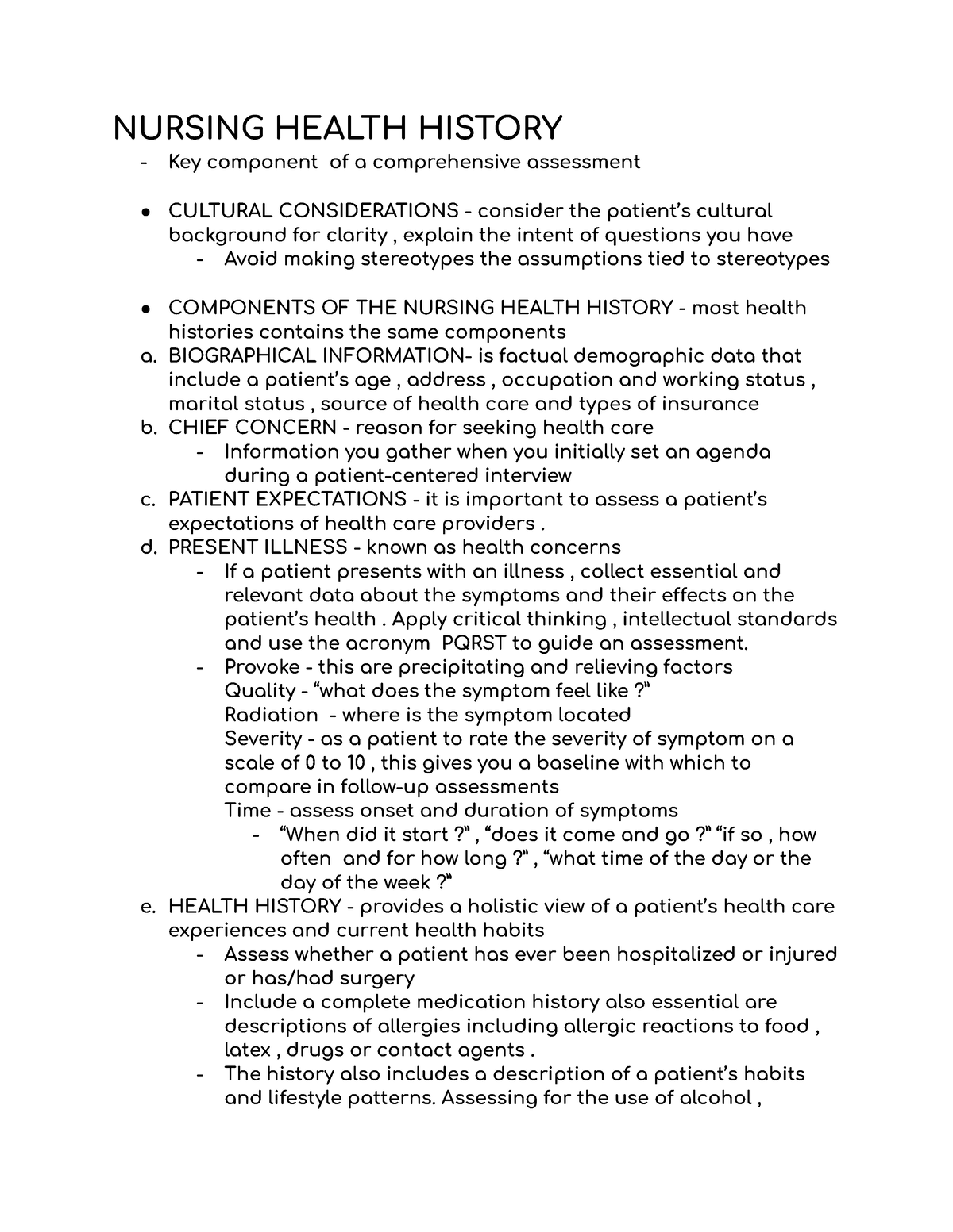 health history interview assignment