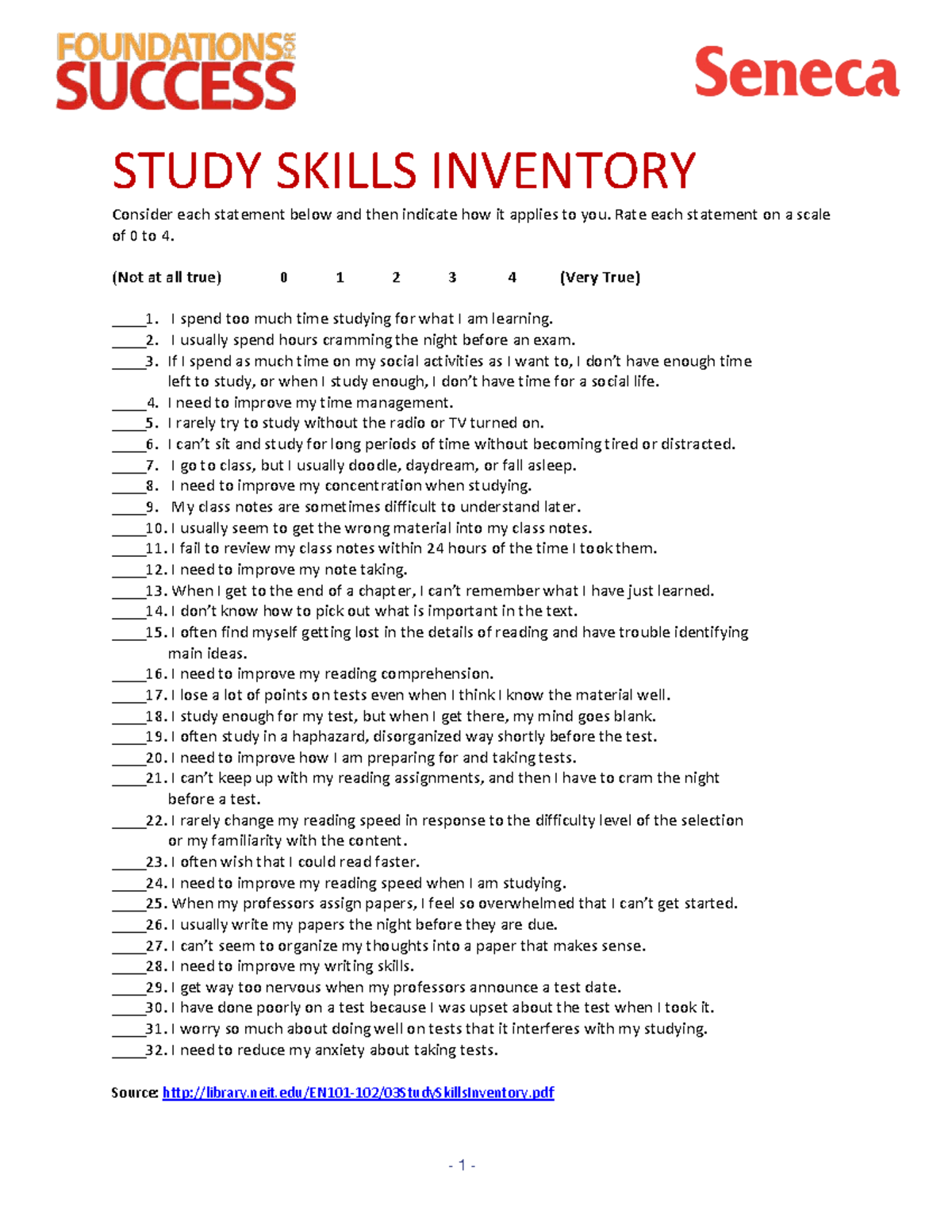 FFSstudyskillsinventory(1)CSS 100 CSS300 Seneca College Studocu