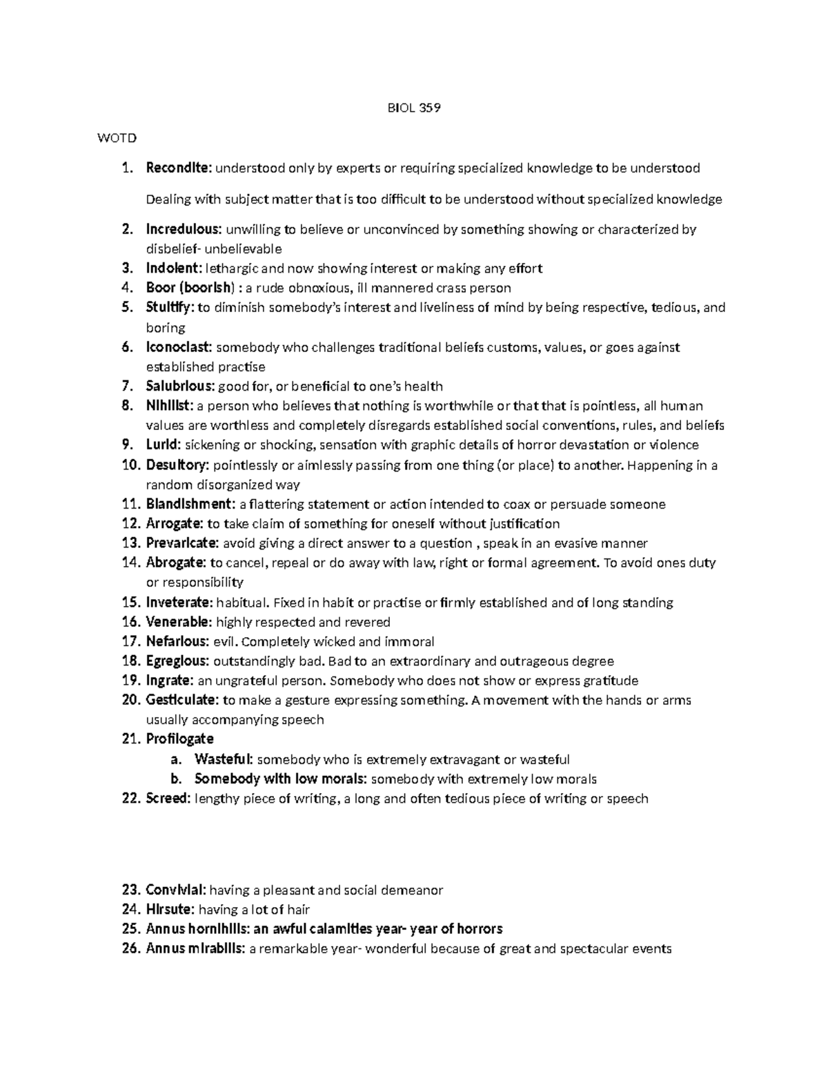 Wotd - WOTD - BIOL 359 WOTD Recondite: understood only by experts or ...