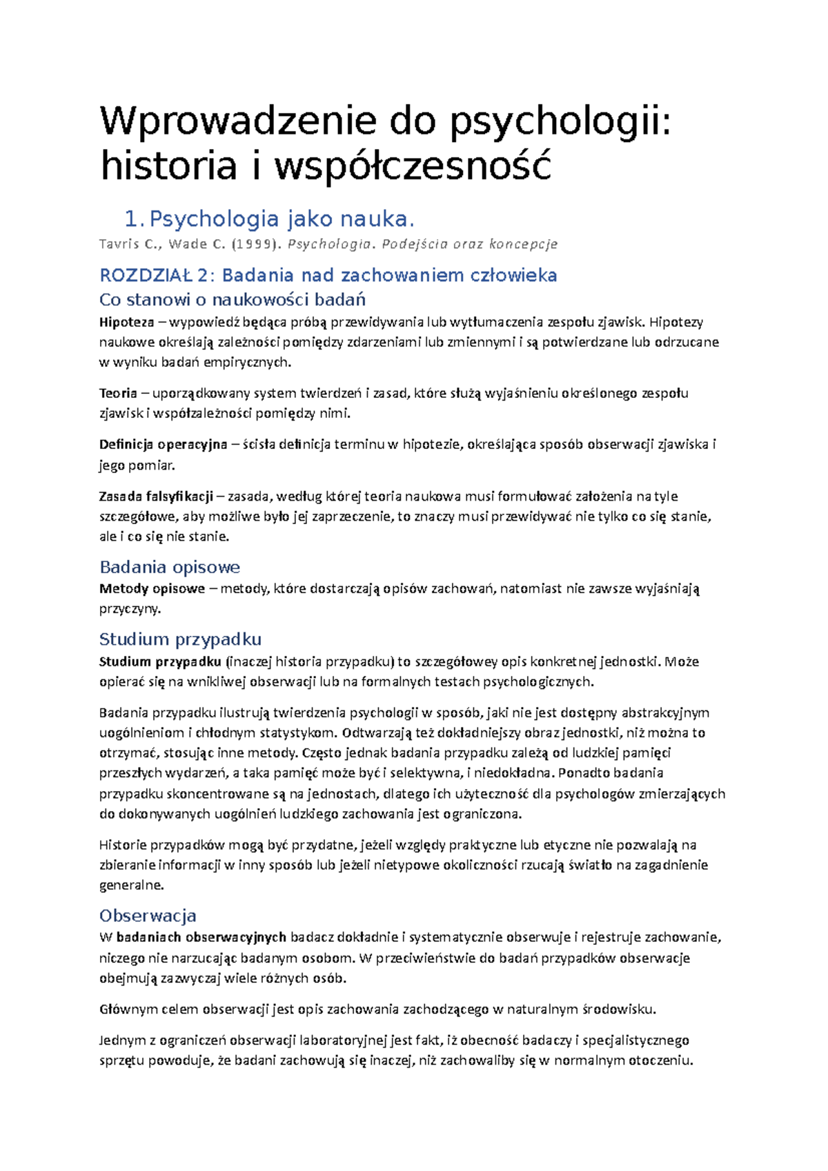 Notatki Ć Wiczenia - Wprowadzenie Do Psychologii: Historia I ...