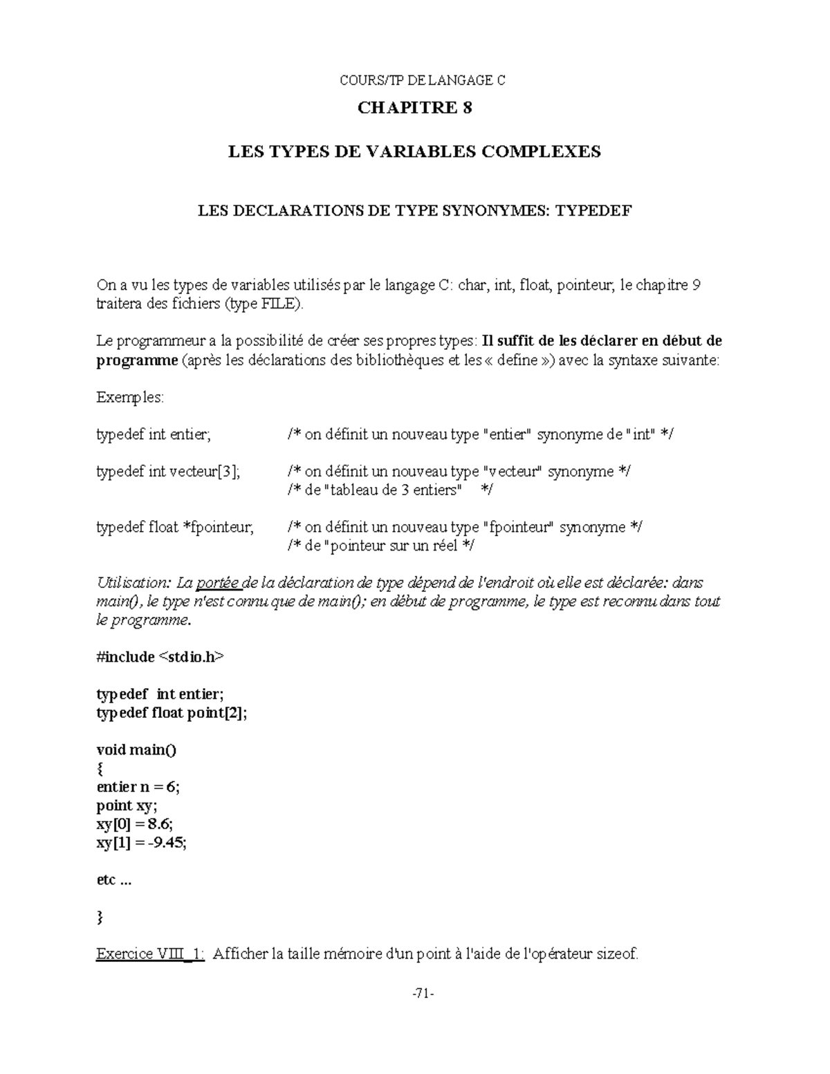 SMI S4 Cours 8 TD TP - CHAPITRE 8 LES TYPES DE VARIABLES COMPLEXES LES ...