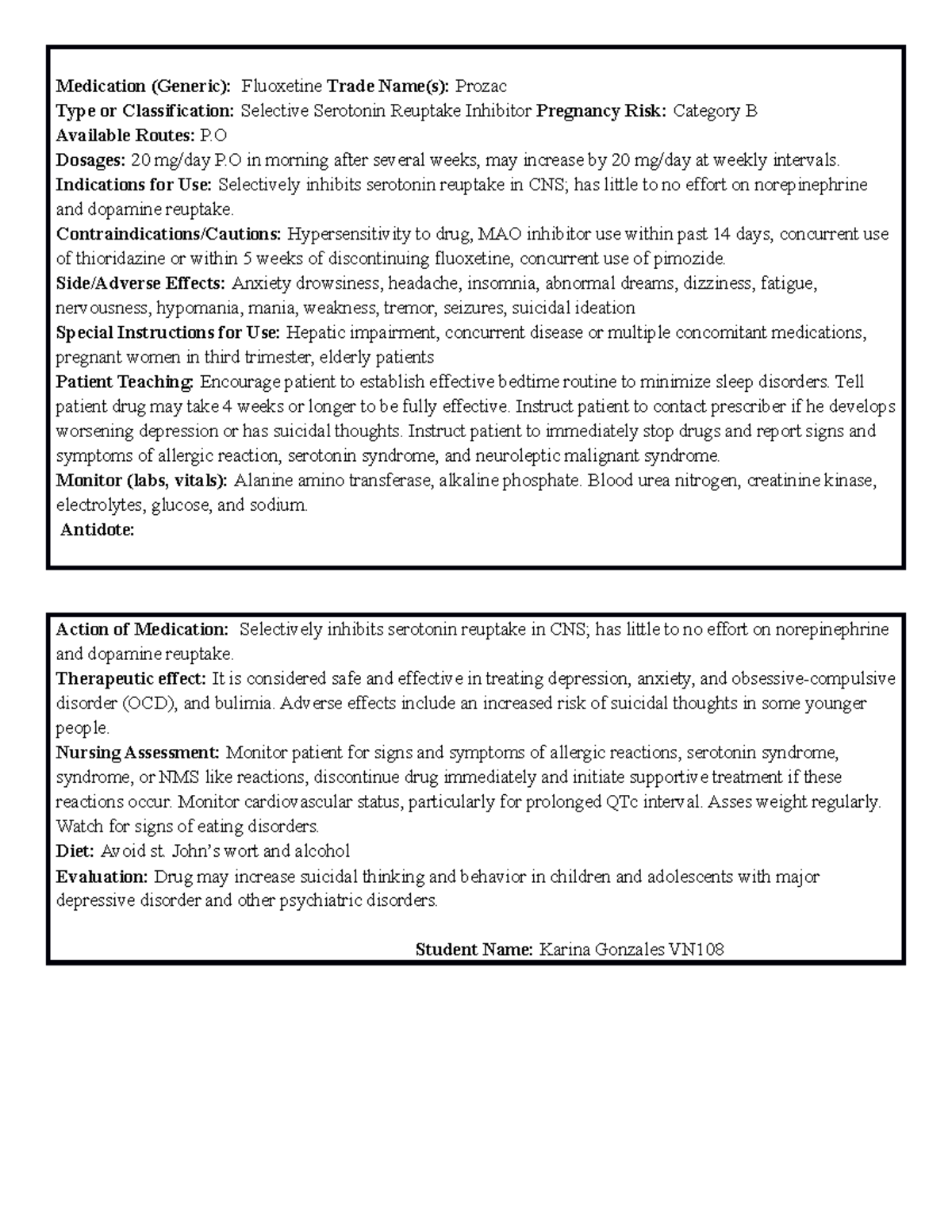 Prozac MED CARD homework Medication (Generic) Fluoxetine Trade