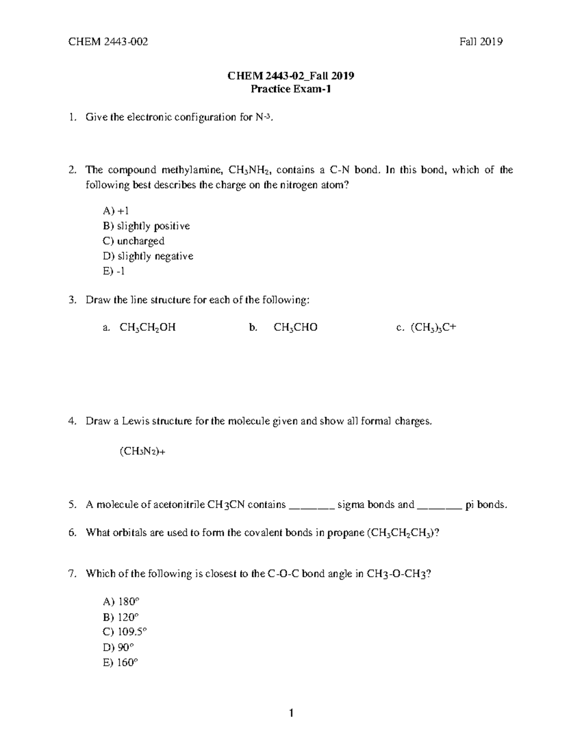 Practice Exam 1 Questions F19 - Chem 2443-02 Fall 2019 Practice Exam 