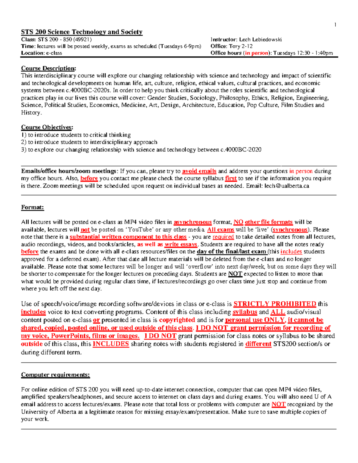 Syllabus STS 200 Winter 2023 - STS 200 Science Technology and Society ...
