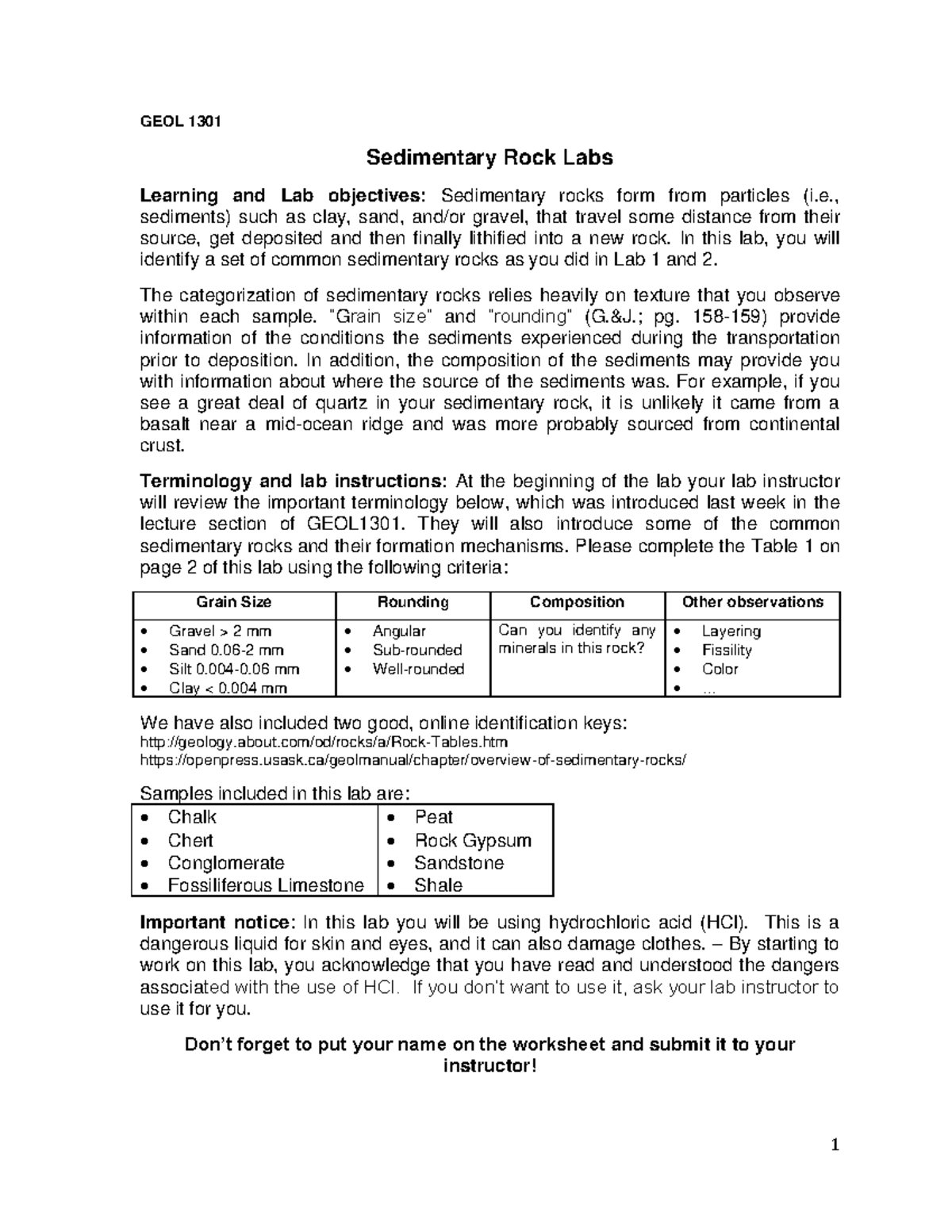 GEOL 1301 - Lab 03 - Sedimentary Rocks - 1 GEOL 1301 Sedimentary Rock ...