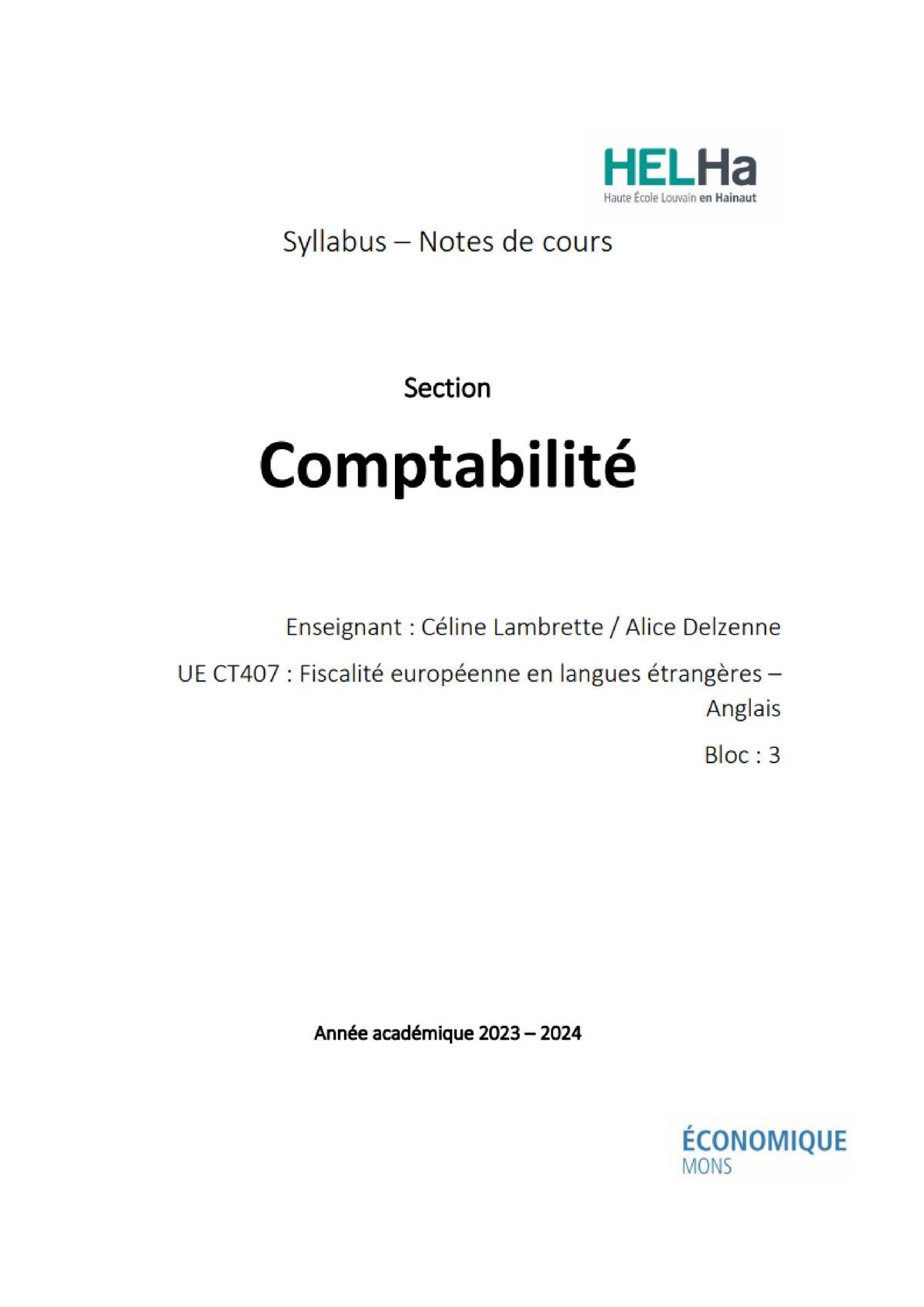 3BC Fiscalit Ã© Syllabus Anglais 2023-2024 - Table Des Matières I ...