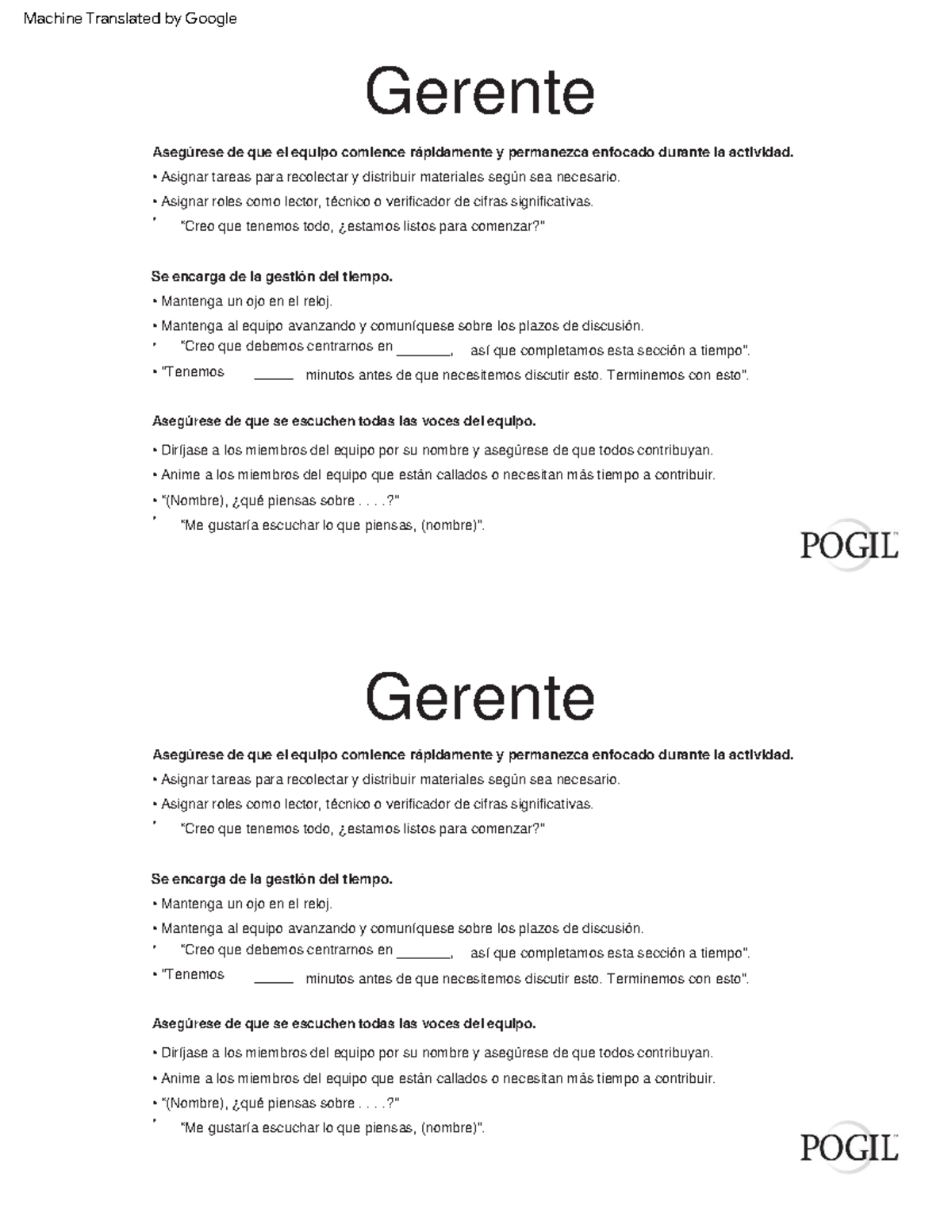 Roles pogil - hola - Gerente Gerente así que completamos esta sección a ...