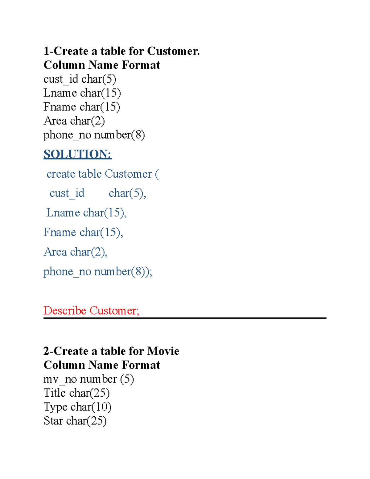 Adbms-SQL-LAB Manual-part-2 - 1-Create a table for Customer. Column ...