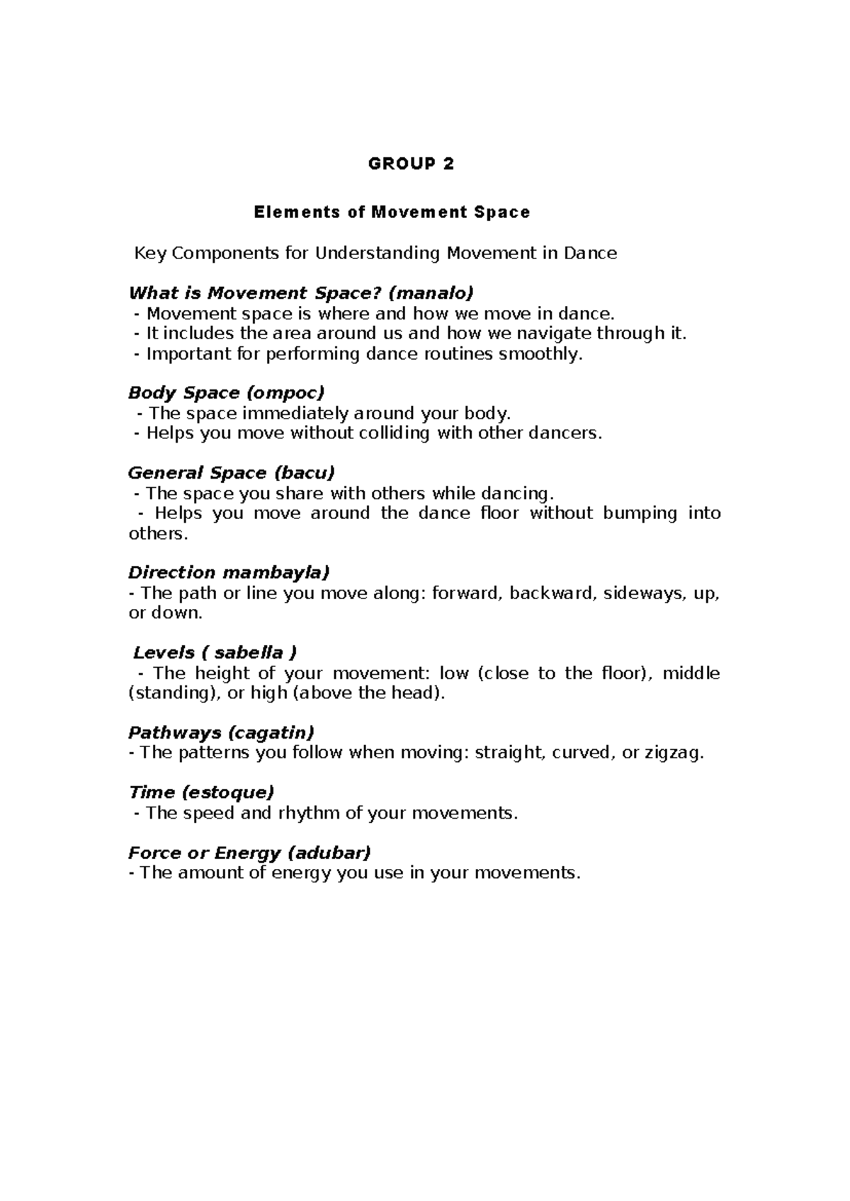 Group 2 PE Report - good - GROUP 2 Elements of Movement Space Key ...