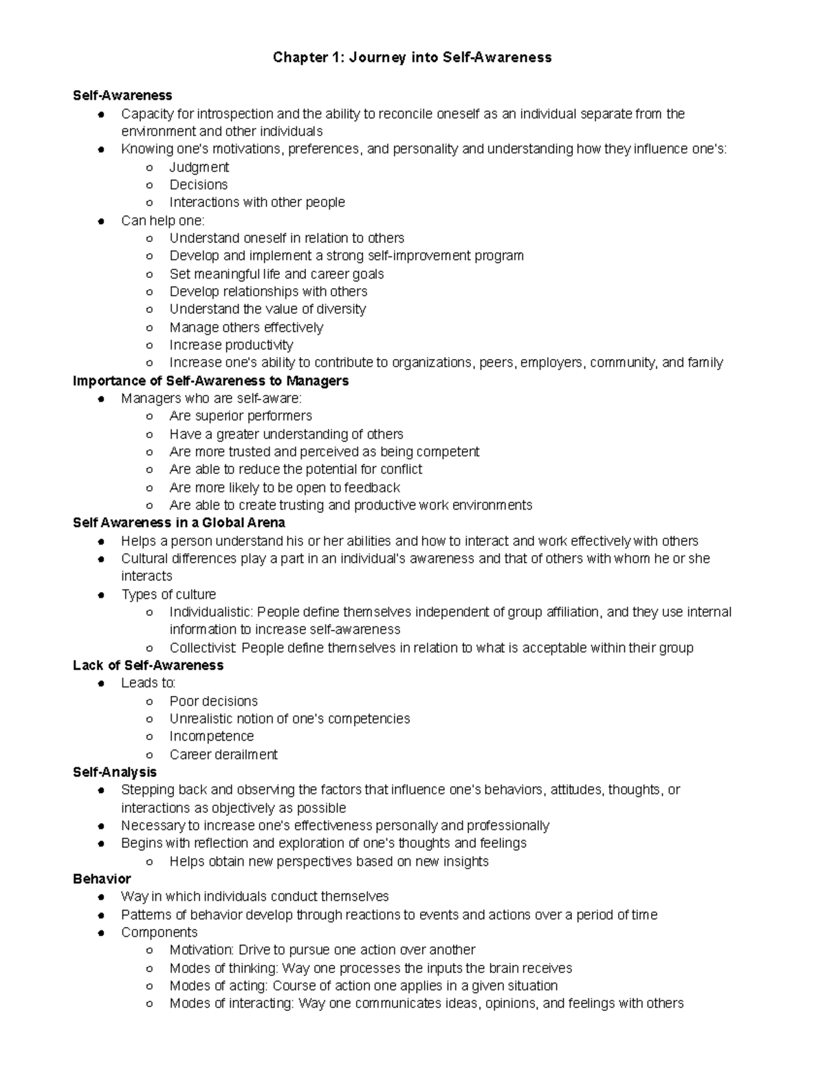 BUS-151 Chapter 1 Notes - Chapter 1: Journey into Self-Awareness Self ...