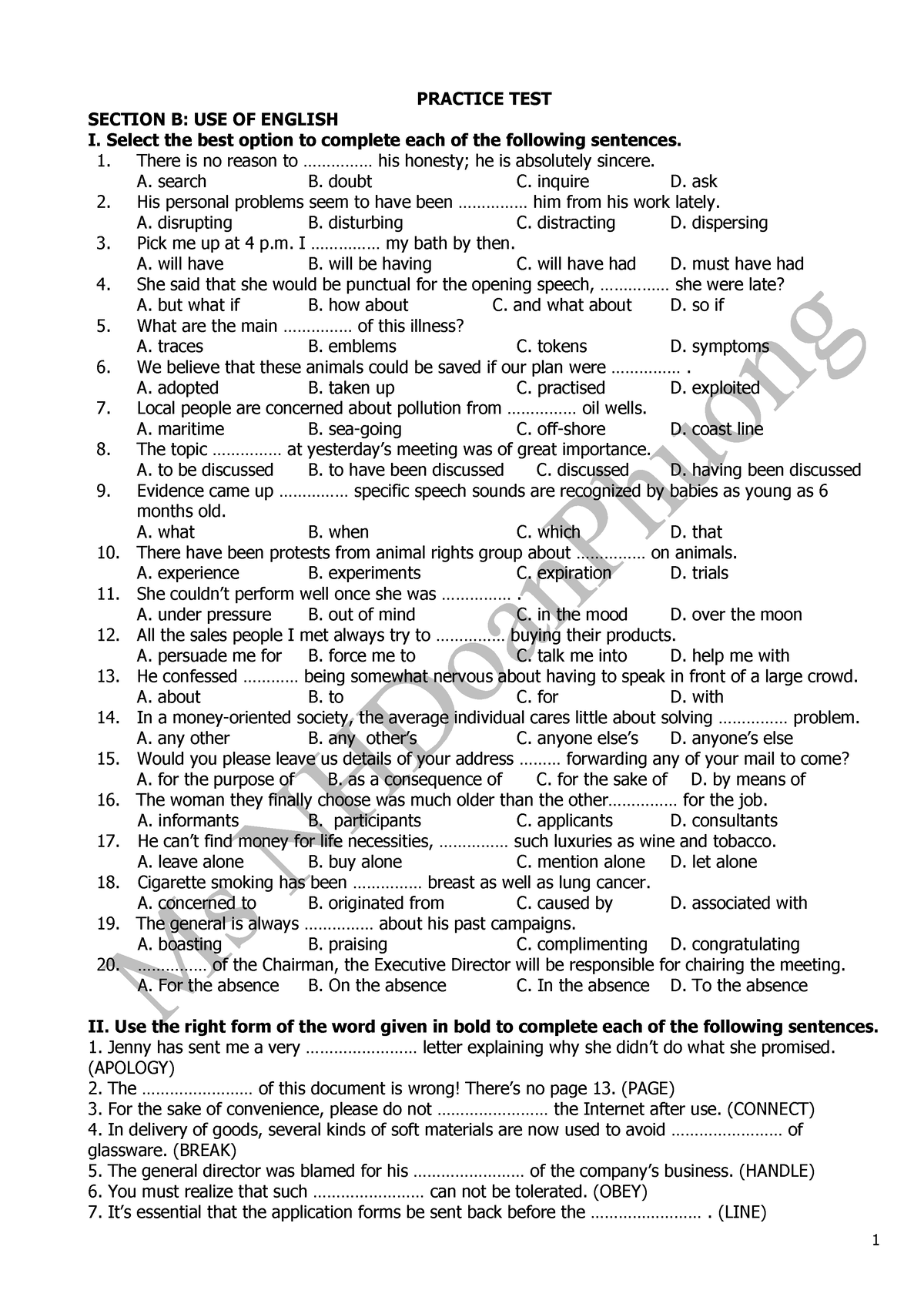 Vocabulary-12 - Practise vocabulary - PRACTICE TEST SECTION B: USE OF ...