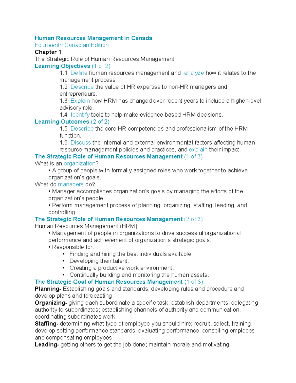 Chapter 1- Strategic role HRM - Human Resources Management in Canada ...