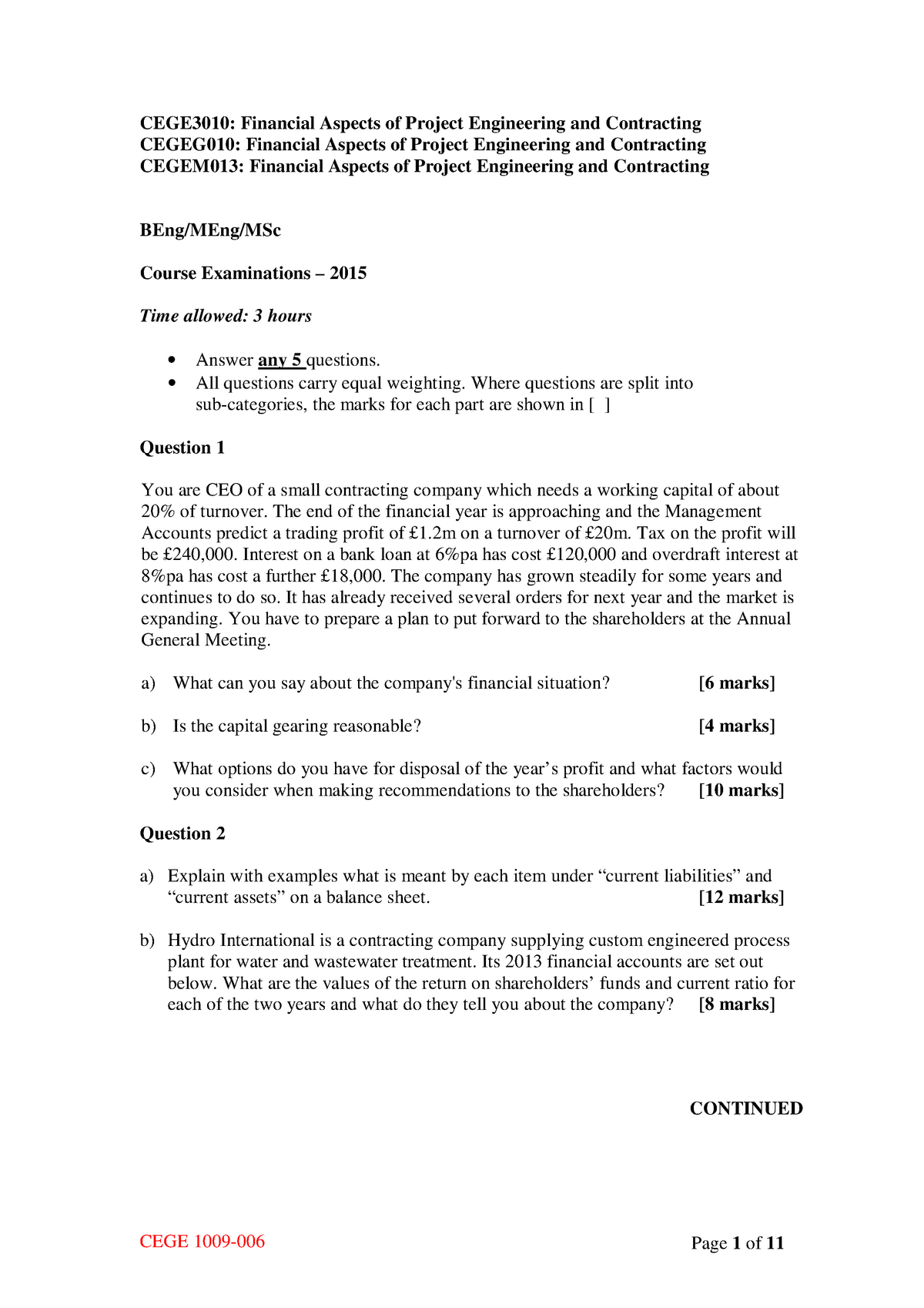 Exam 2015, questions and answers - CEGE3010: Financial Aspects of ...