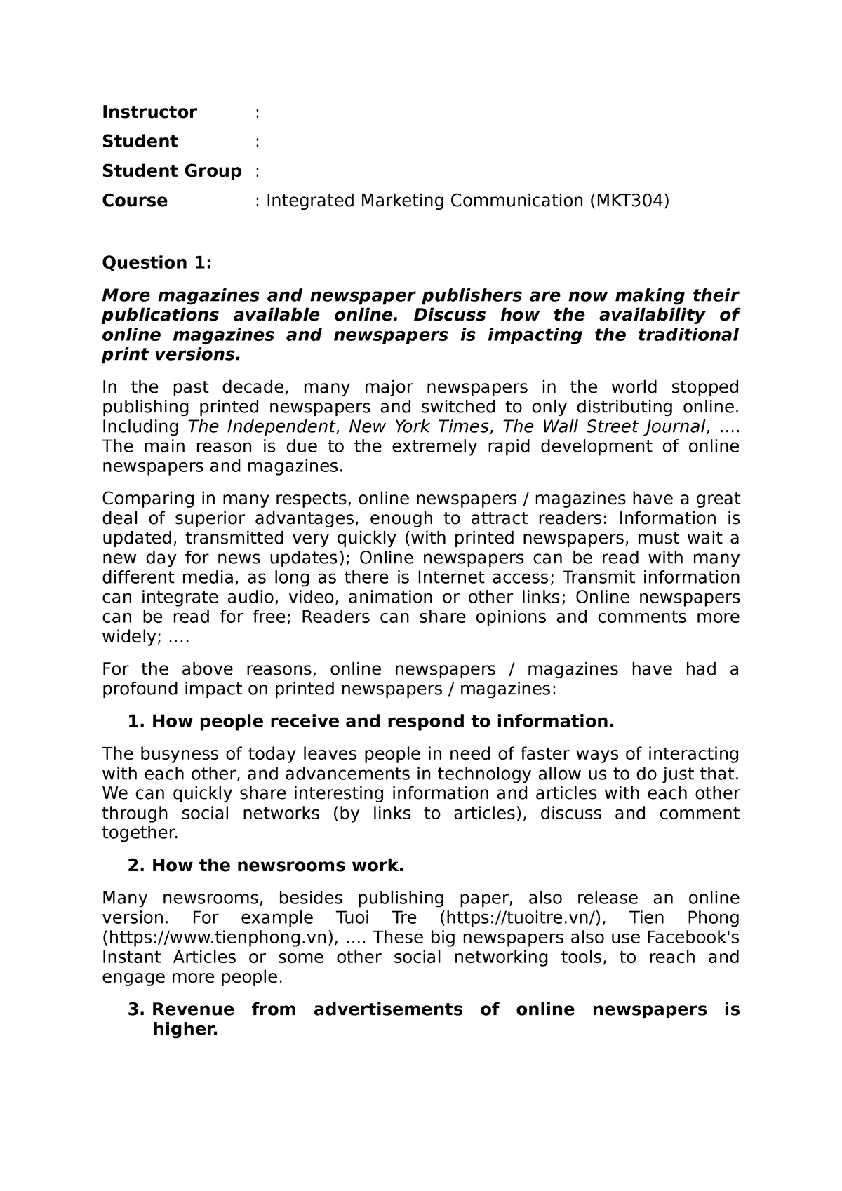 MKT304 - Questions - IMC Test - Instructor : Student : Student Group ...