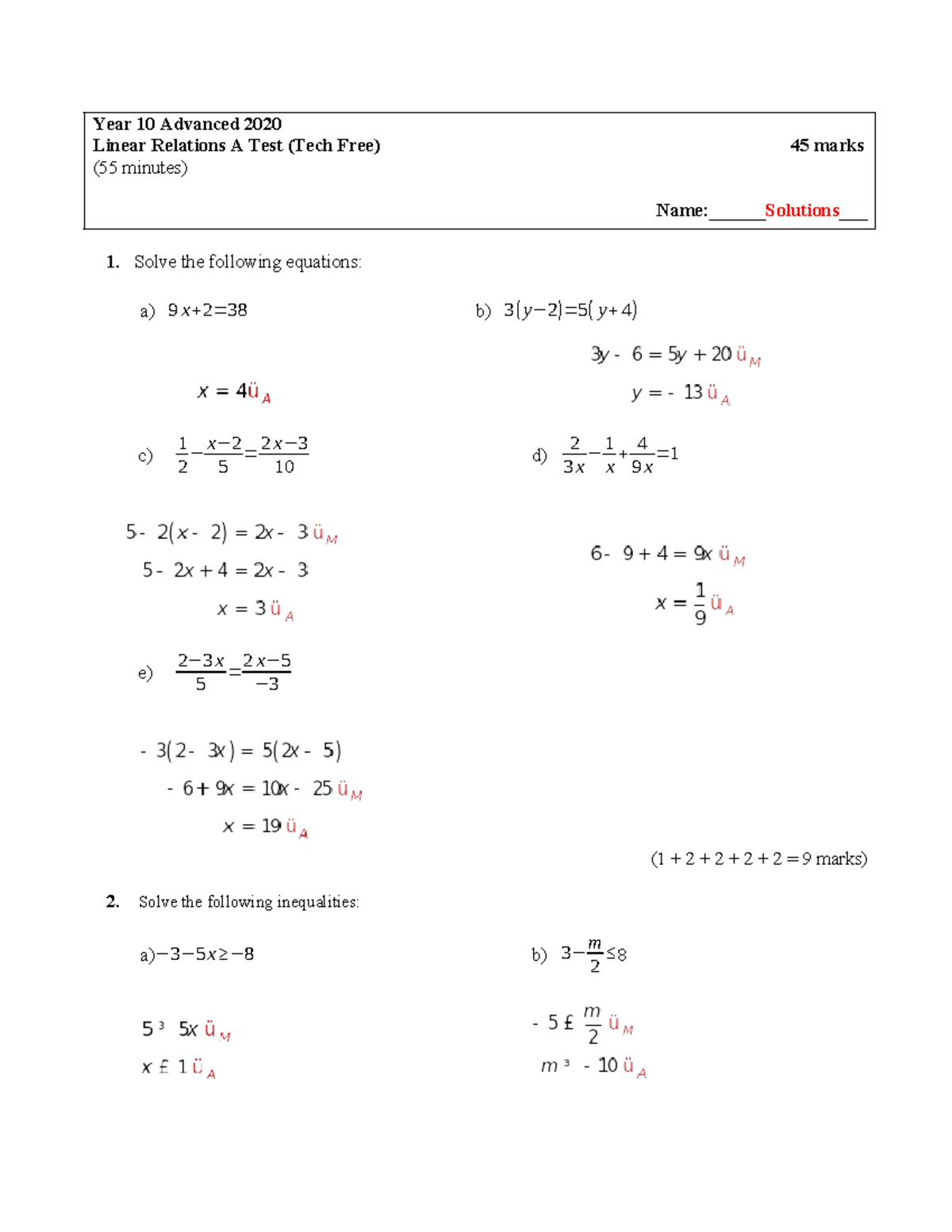Year 10 2023 Linear Relations Practice Test Solutions - Year 10 ...