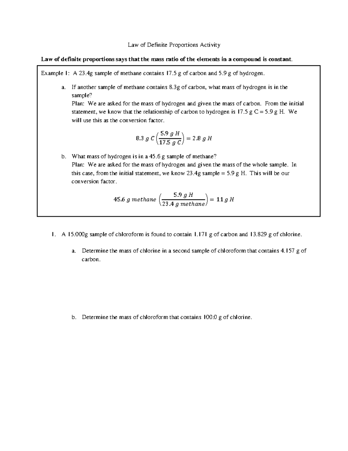 2.a Law of definite proportions - Law of Definite Proportions Activity ...