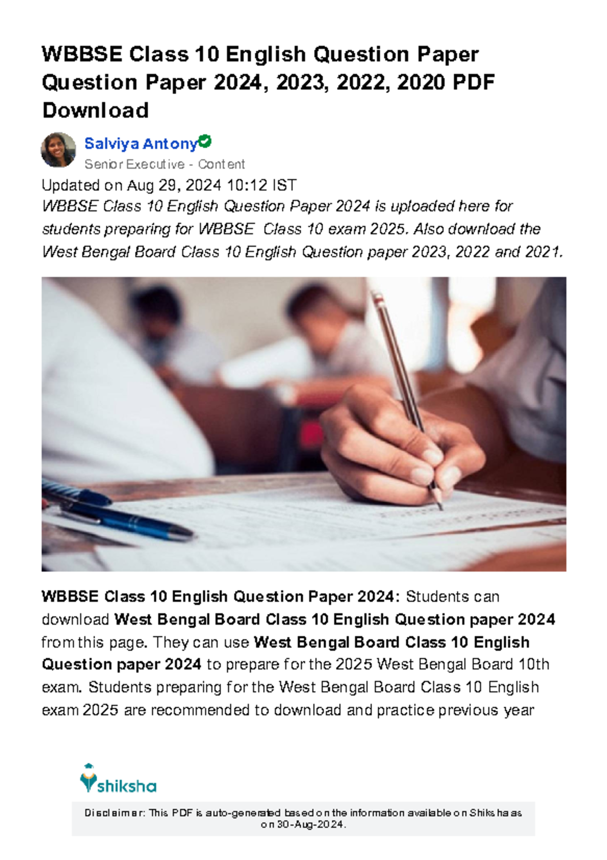 116529 - Good - WBBSE Class 10 English Question Paper Question Paper ...