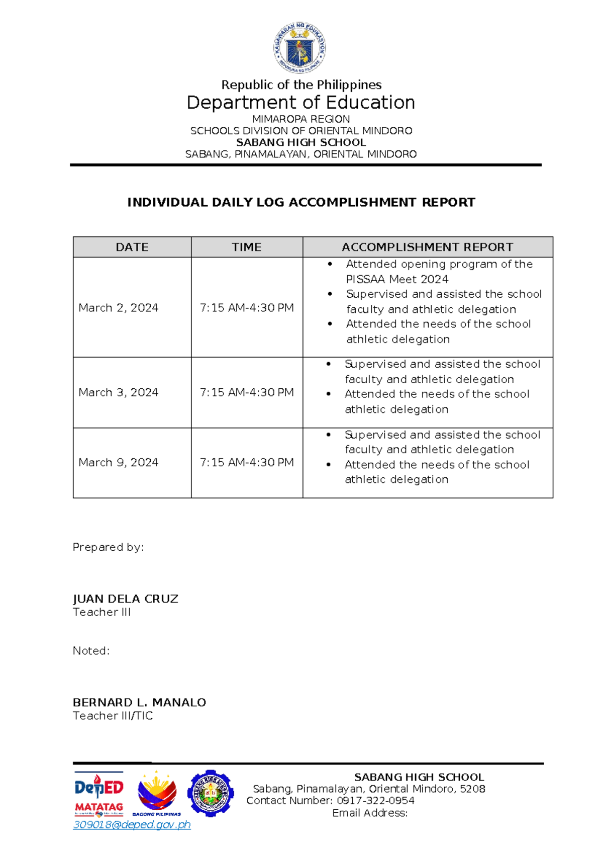 Idlar-Sample-2024 - Republic of the Philippines Department of Education ...