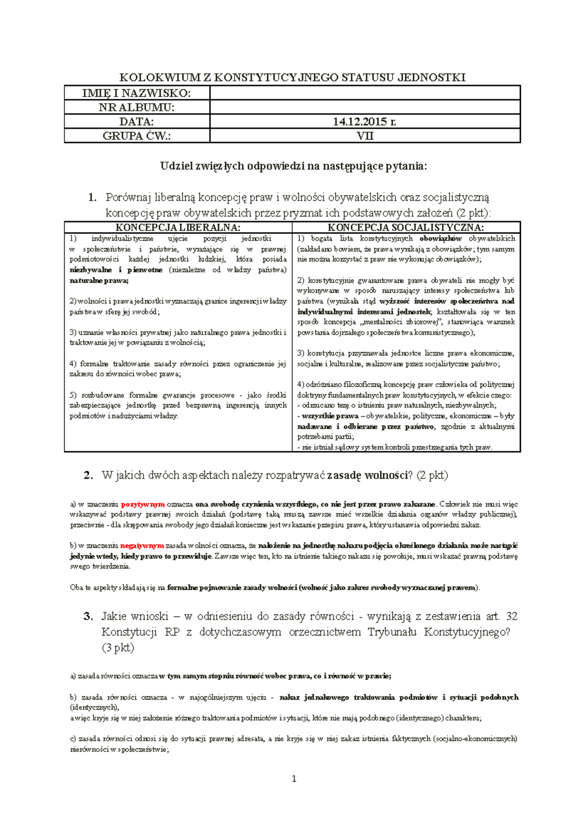 Kolokwium IV - 3 - KOLOKWIUM Z KONSTYTUCYJNEGO STATUSU JEDNOSTKI I ...