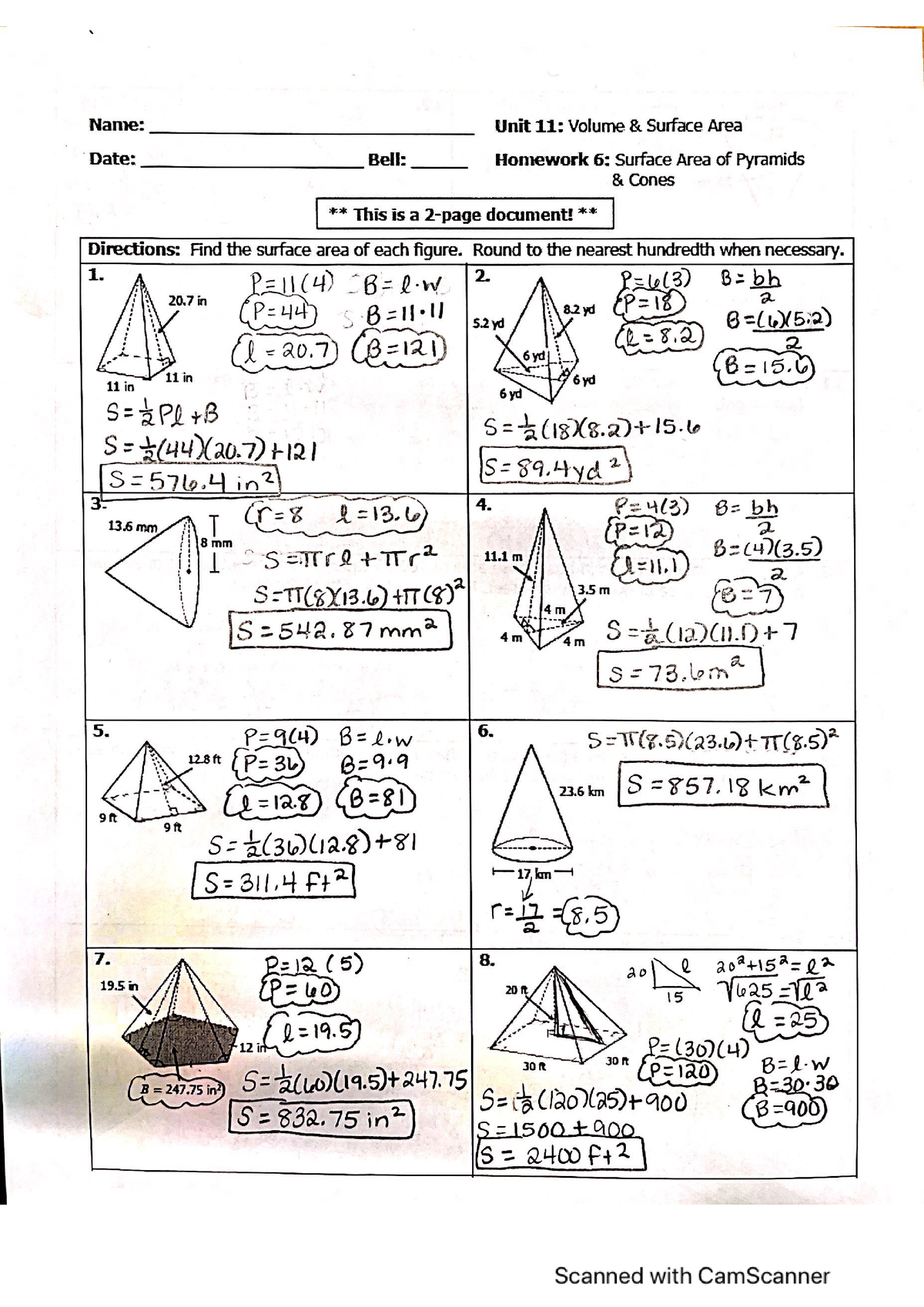 unit 11 homework 8 volume of pyramids and cones answers