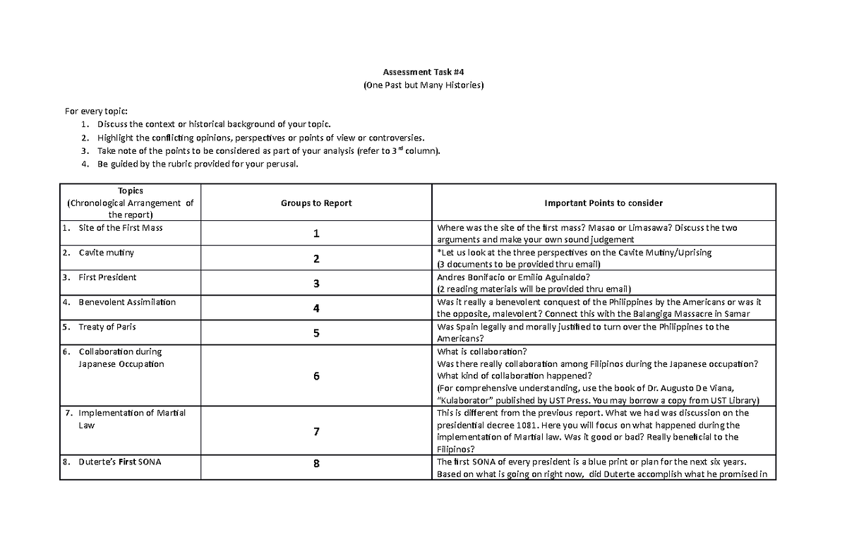 Assessment Task # 4 One past but many histories Blank FORM - Assessment ...