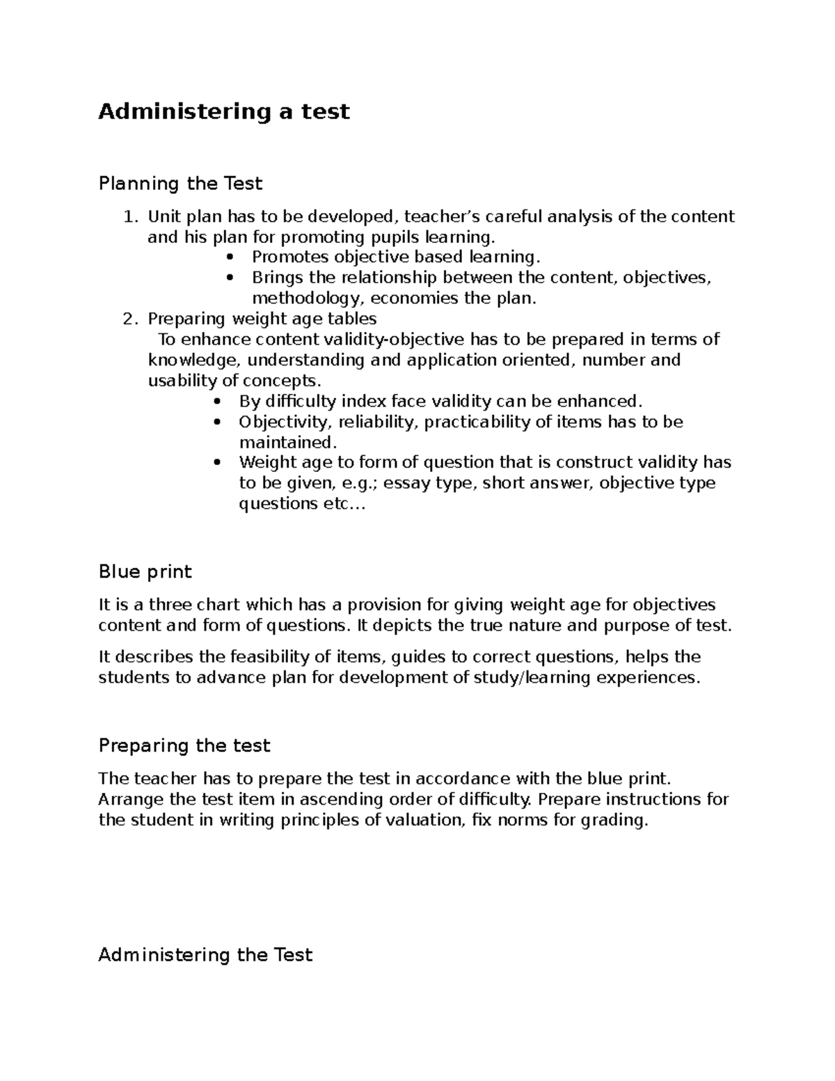 essay on planning preparing and administering a test