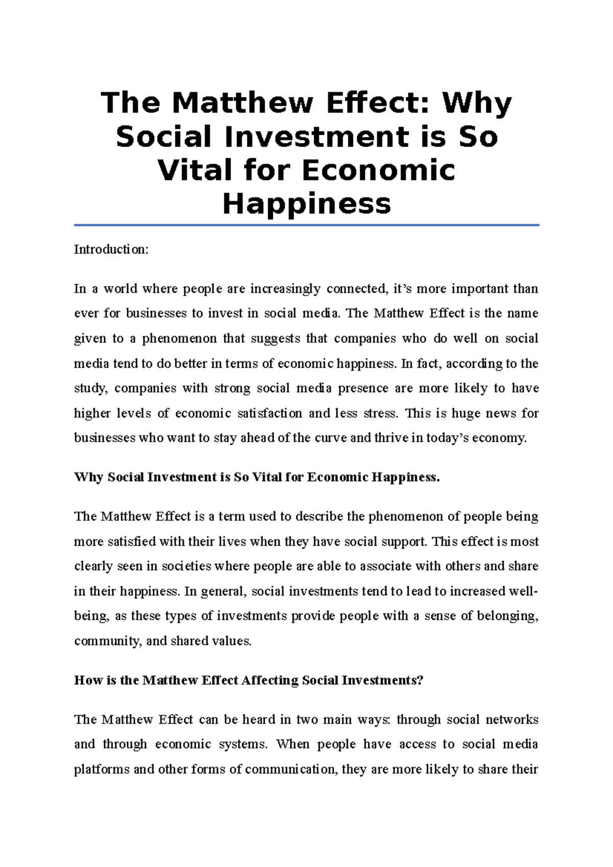 The Matthew Effect, Why Social Investment is So Vital for Economic ...