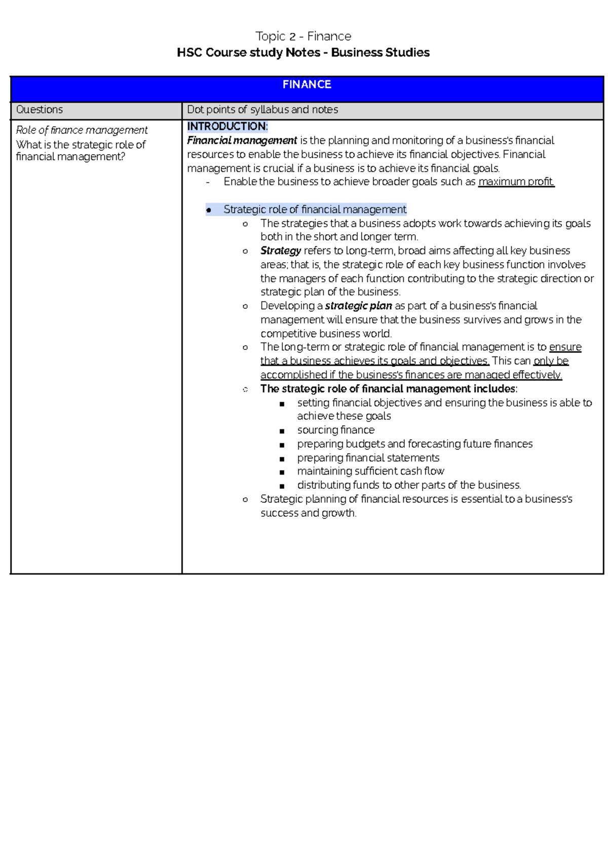 Topic 2 - Finance HSC Business Study Notes - Topic 2 - Finance HSC ...